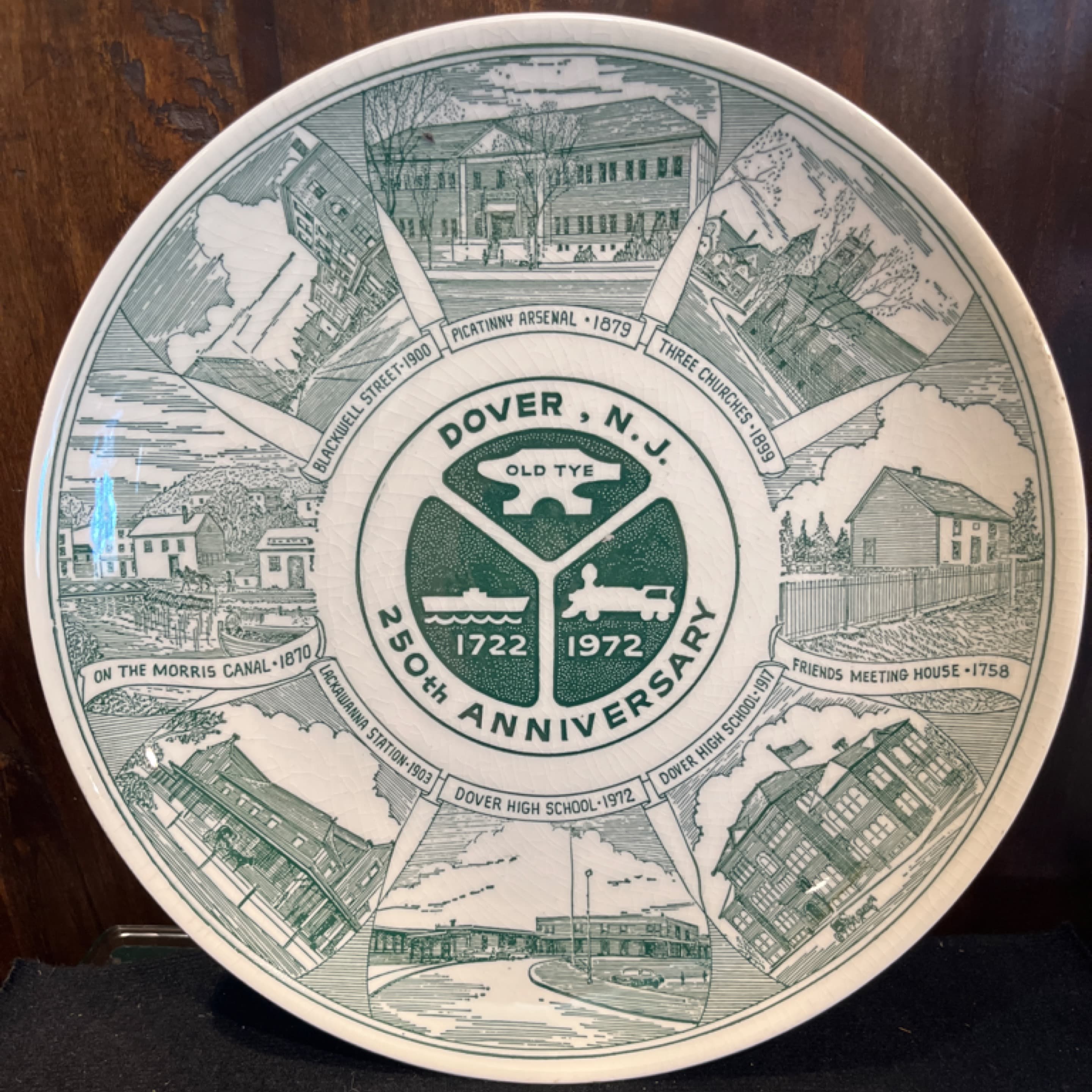 Dover NJ 250th Anniversary Commemorative Plate 1972 Kettlesprings Kilns Green Transferware 10” - Regular