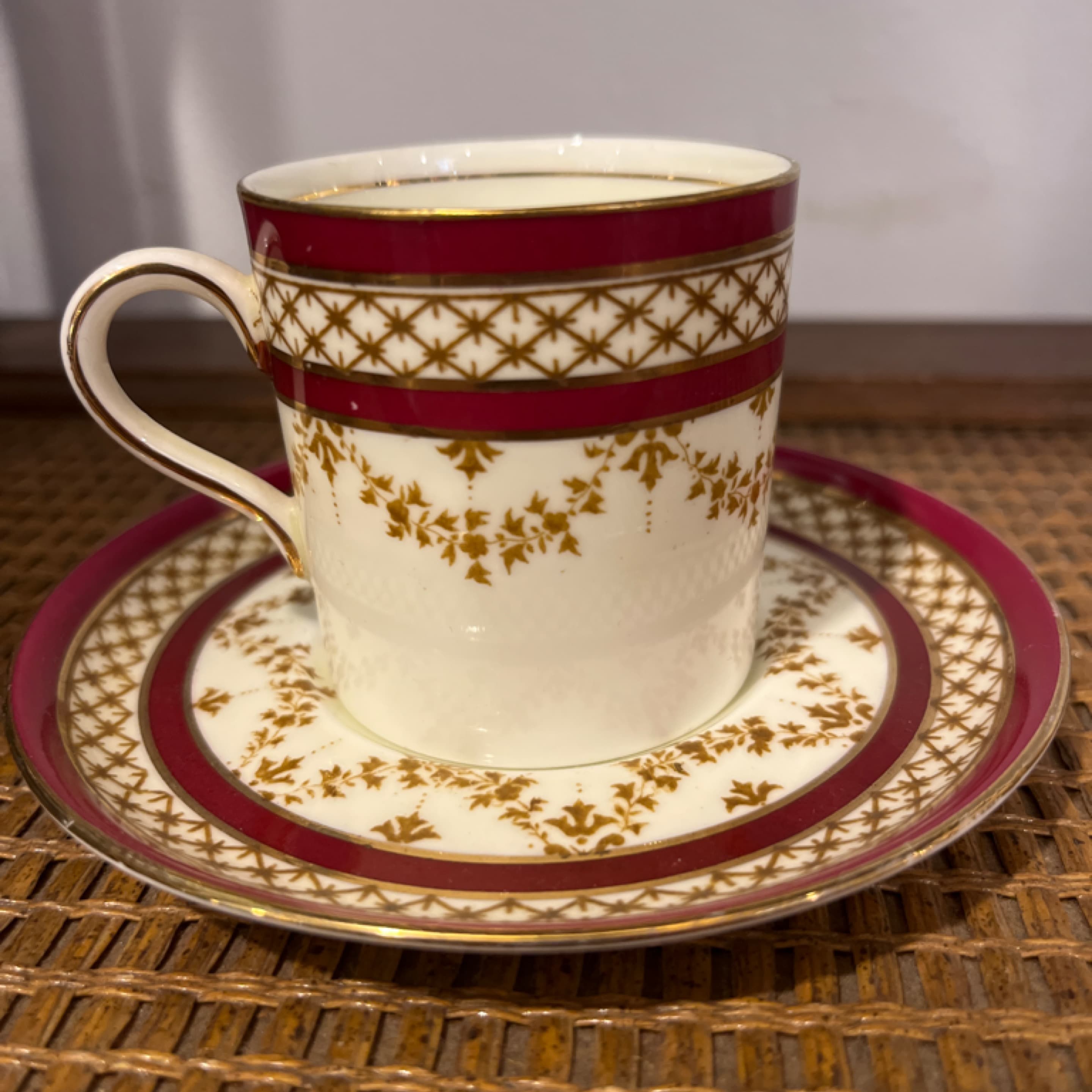 Antique English Bone China Demitasse Cup & Saucer — Crimson & Gold Lattice — Victorian Edwardian - Regular