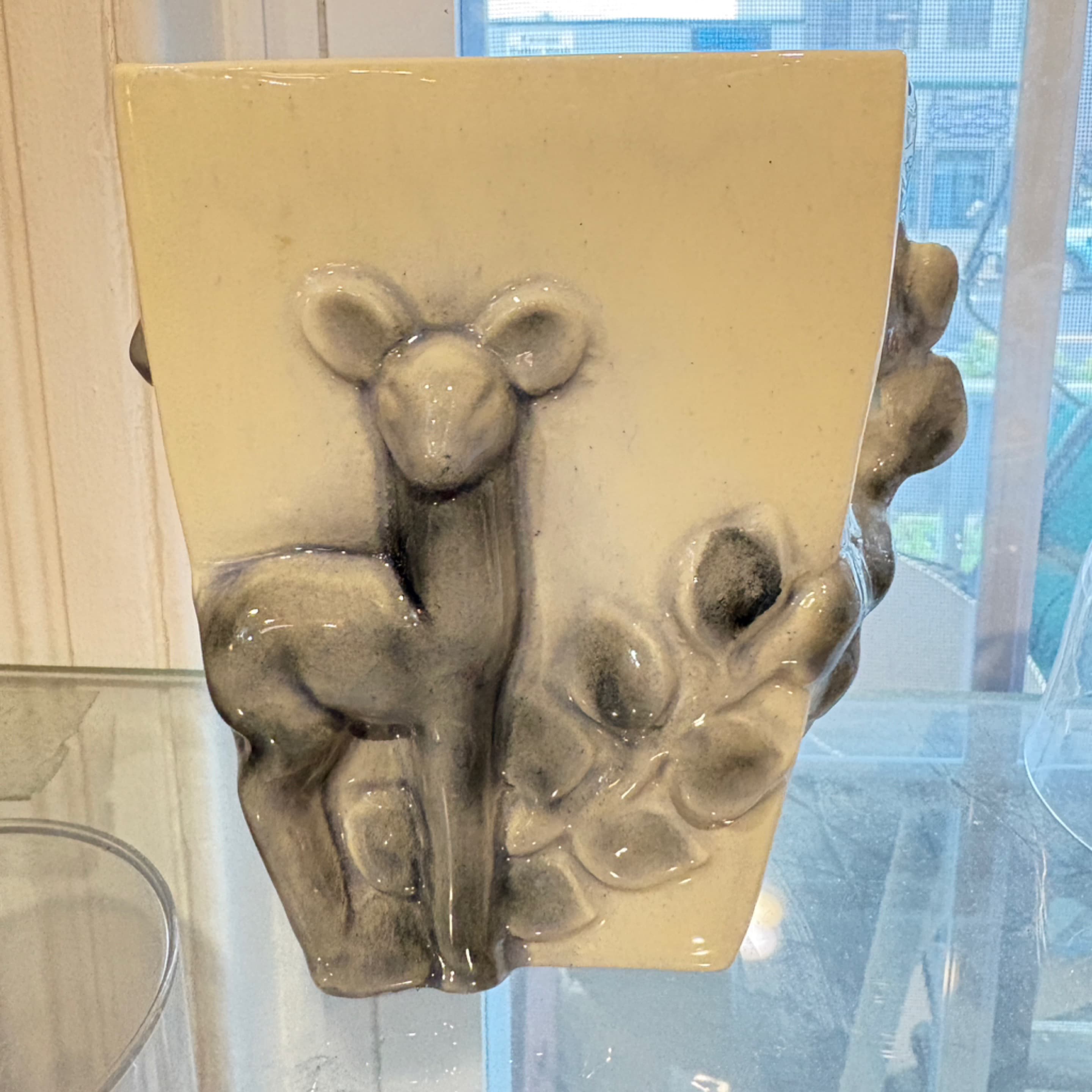 Unmarked Red Wing Pottery Fawn Relief Vase — Cream & Gray Artware, Mid-Century American - Regular