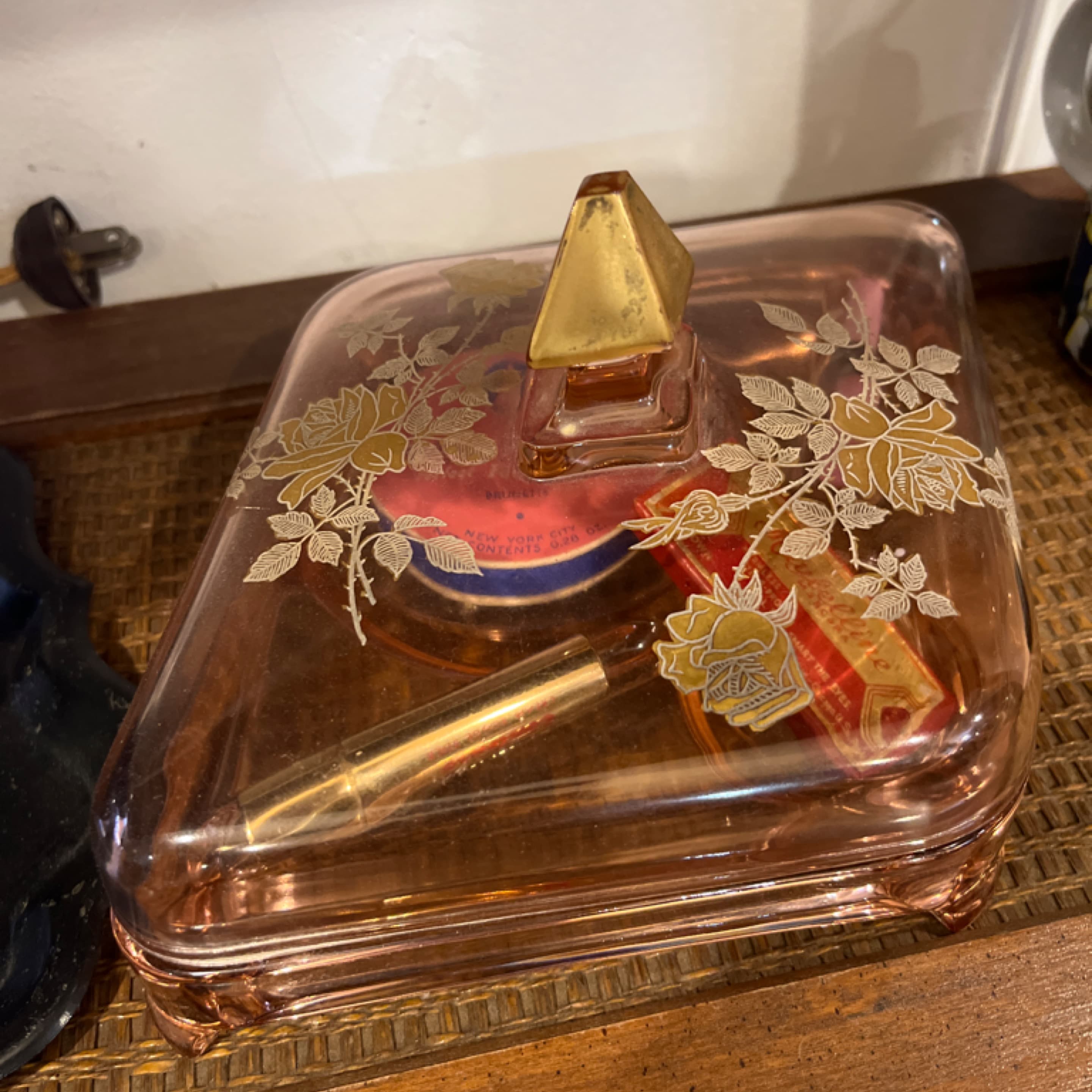 Vintage Pink Glass Vanity Set with Gold Roses – Powder Jar & Perfume Atomizer - Regular