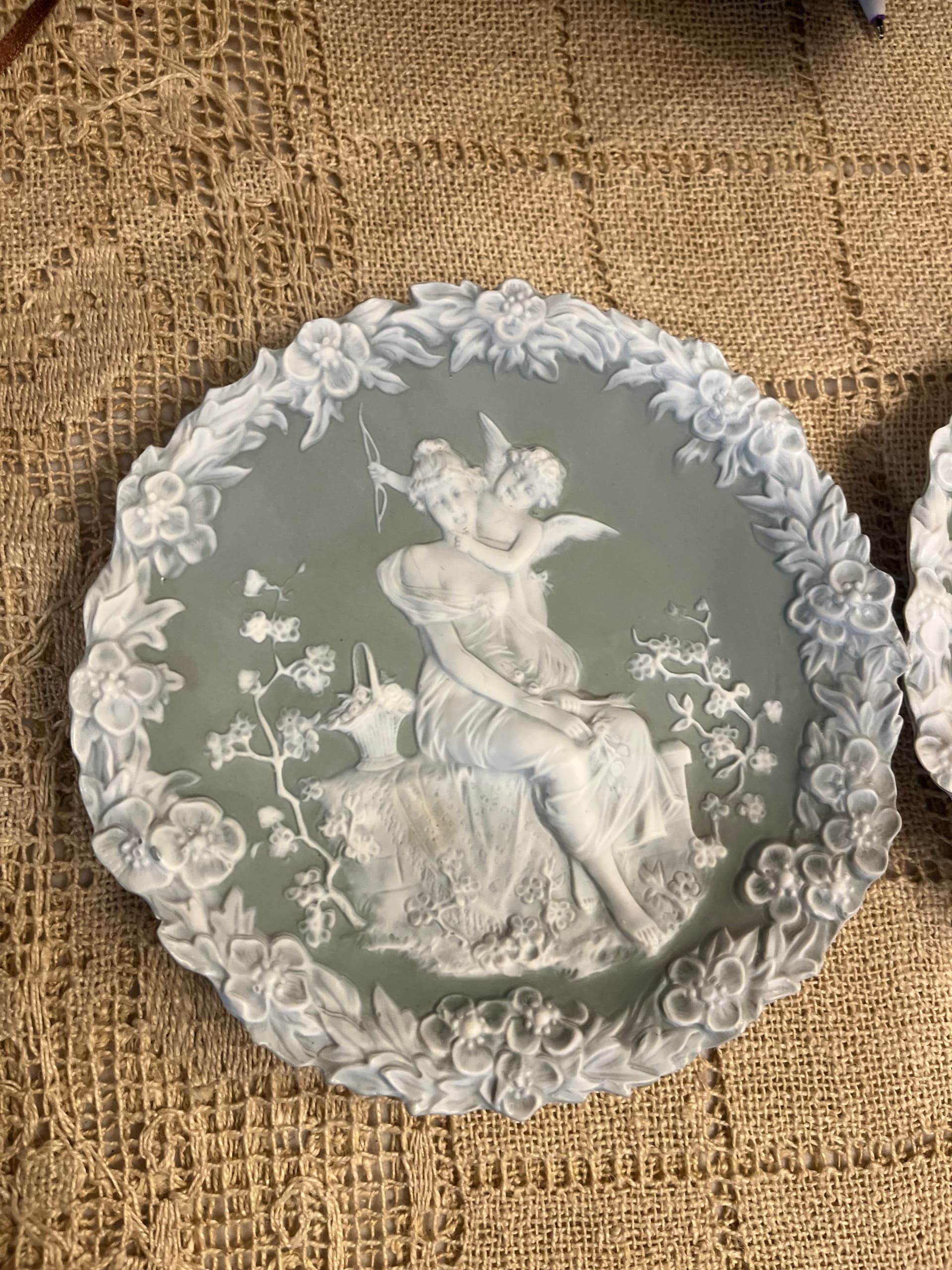 Schäfer & Vater German Jasperware Trinket Dish Pair — Sage Green with White Relief PAIR - Regular