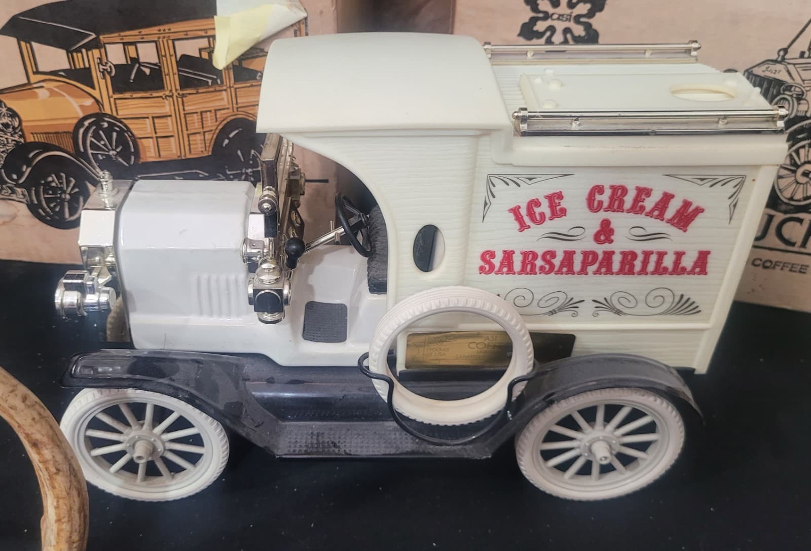 Vintage Ice Cream & Sarsaparilla Delivery Truck Bank – Classic Model T Style Pla