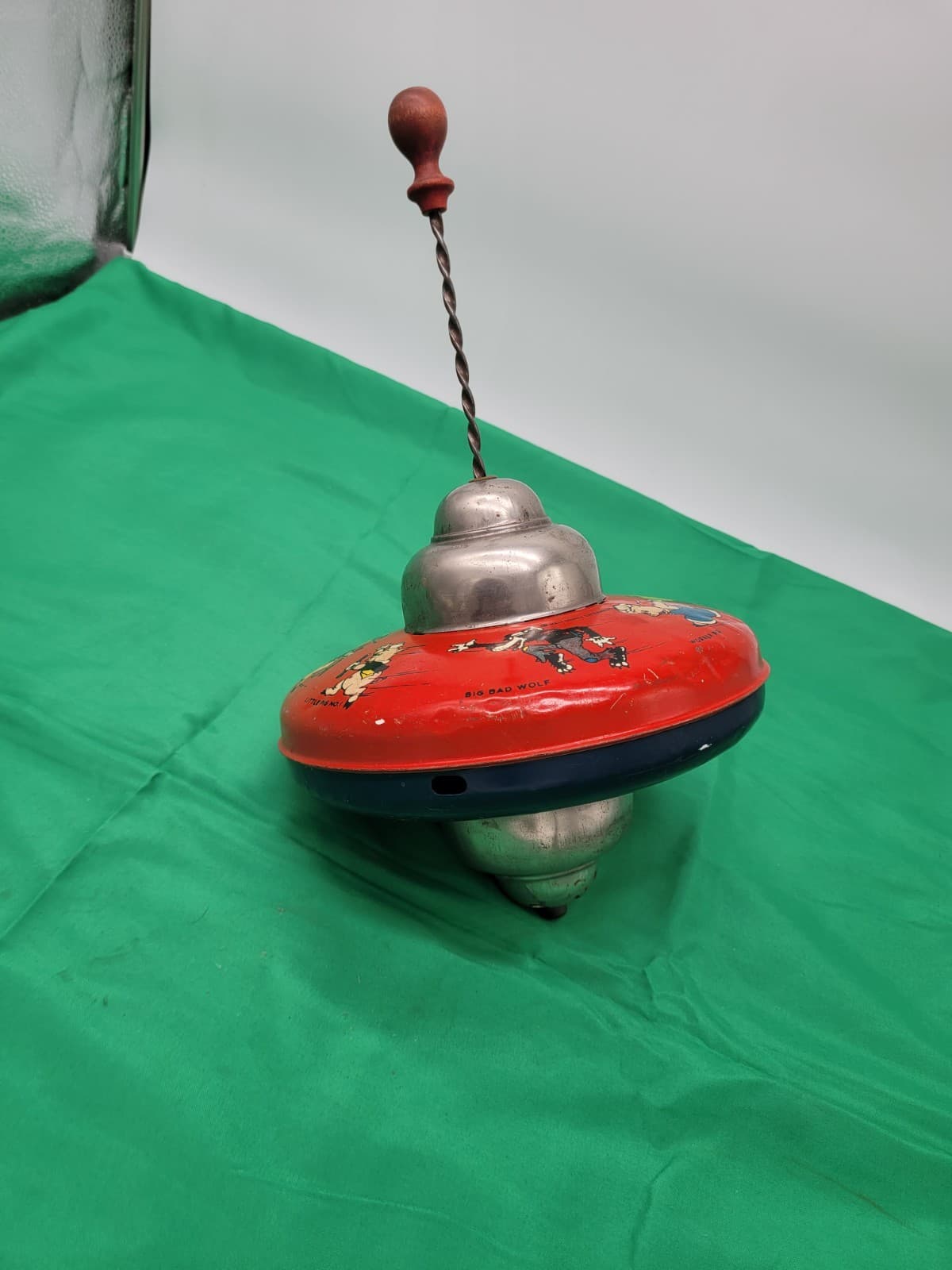 Vintage Tin Litho Humpty Dumpty Spinning Top Big Bad Wolf Nursery Rhyme Toy