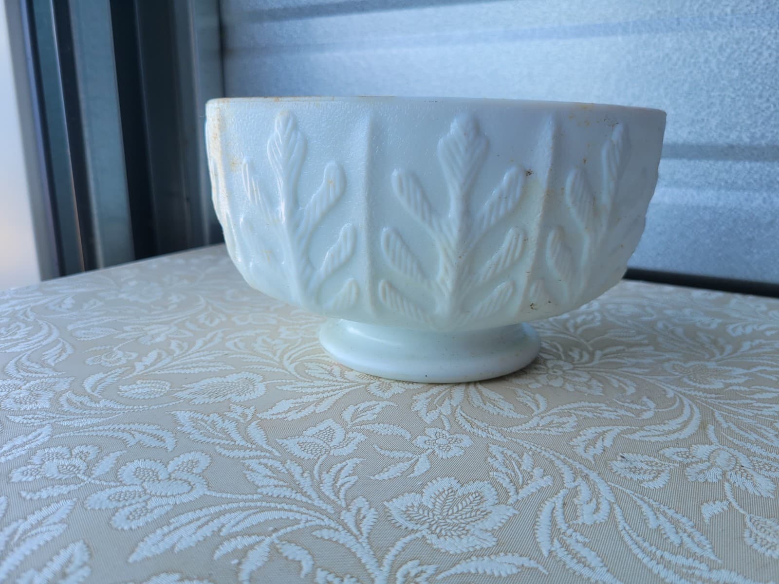 Vintage Milk Glass Pedestal Bowl – Embossed Leaf Pattern Planter or Centerpiece