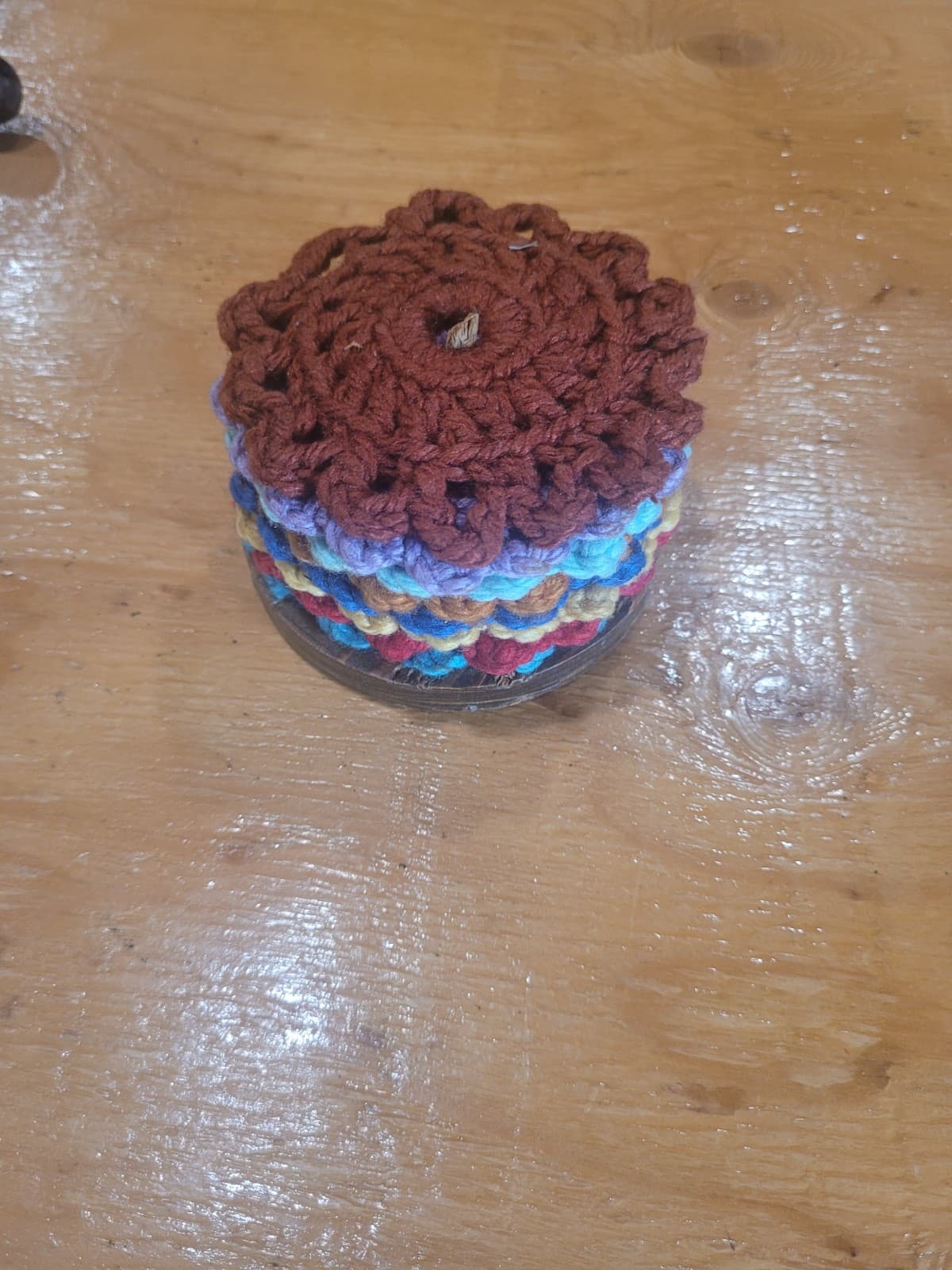 Handmade Crochet Coaster Set – 10 Colorful Coasters with Holder