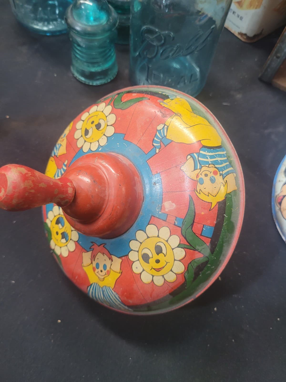 Vintage Tin Litho Spinning Top Toy Clown Flower Design Noise Maker Metal Toy