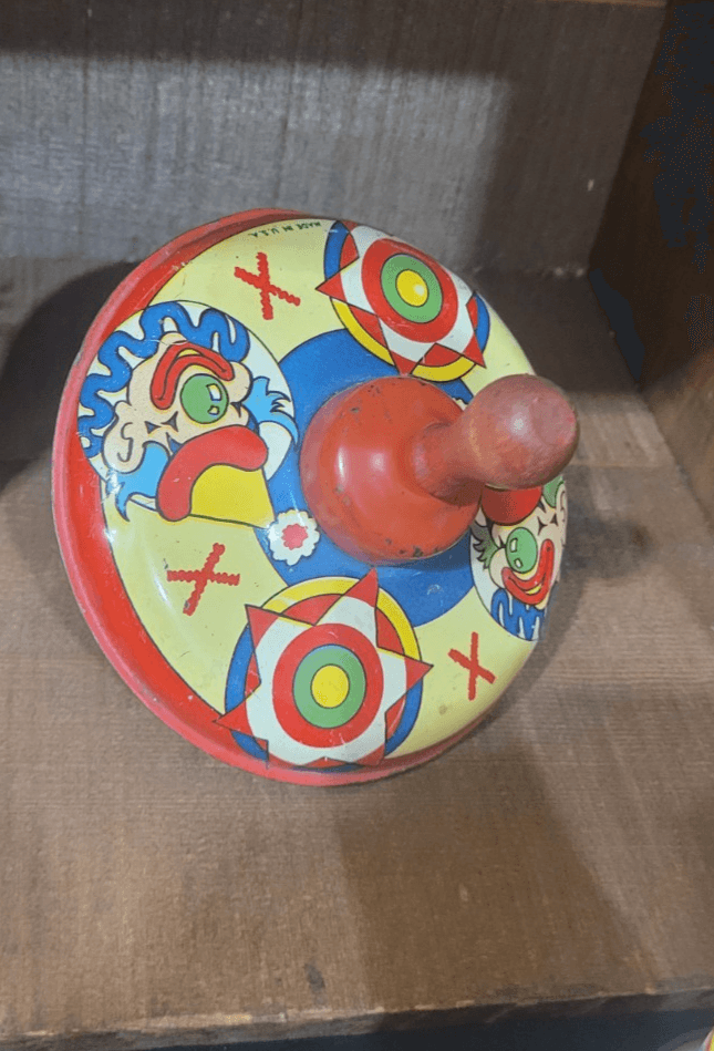 Vintage Tin Litho Spinning Top Clown Target Design Noise Maker Made in USA