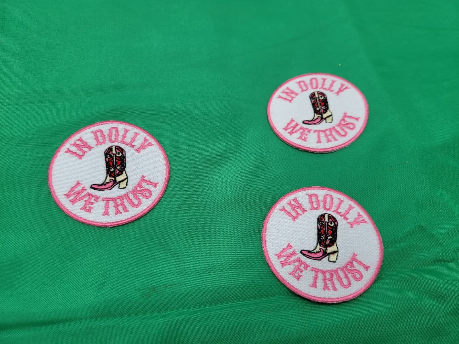 Lot of 3 “In Dolly We Trust” Embroidered Iron-On Patches Pink Cowgirl Boot Weste