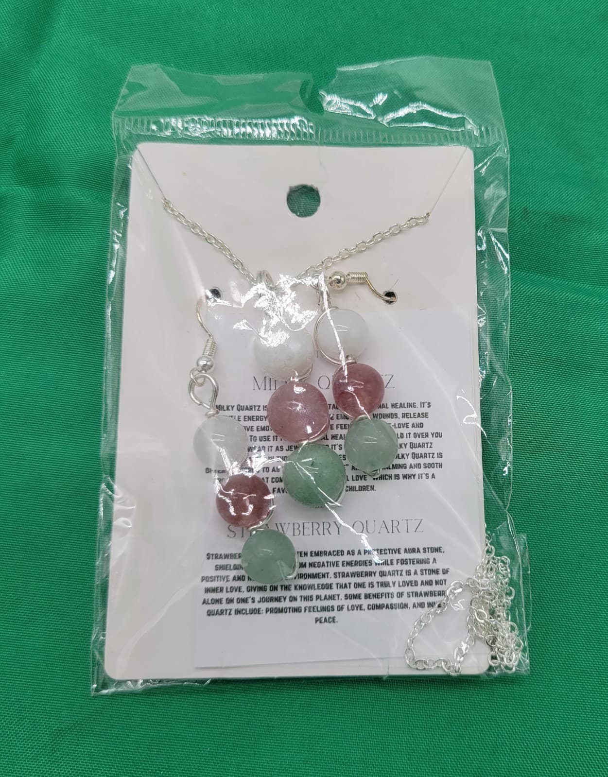 Strawberry Quartz Gemstone Necklace & Earring Set Silver Tone Jewelry Gift Set