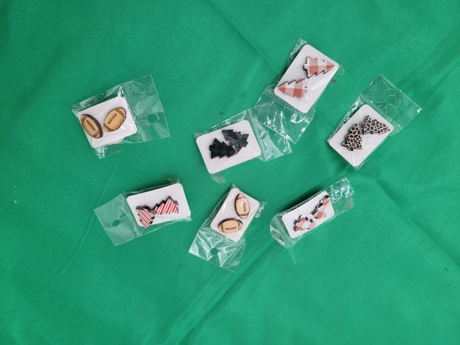 Handmade Wooden Stud Earrings Lot – Tree, Football & Plaid Designs Boho Style 6