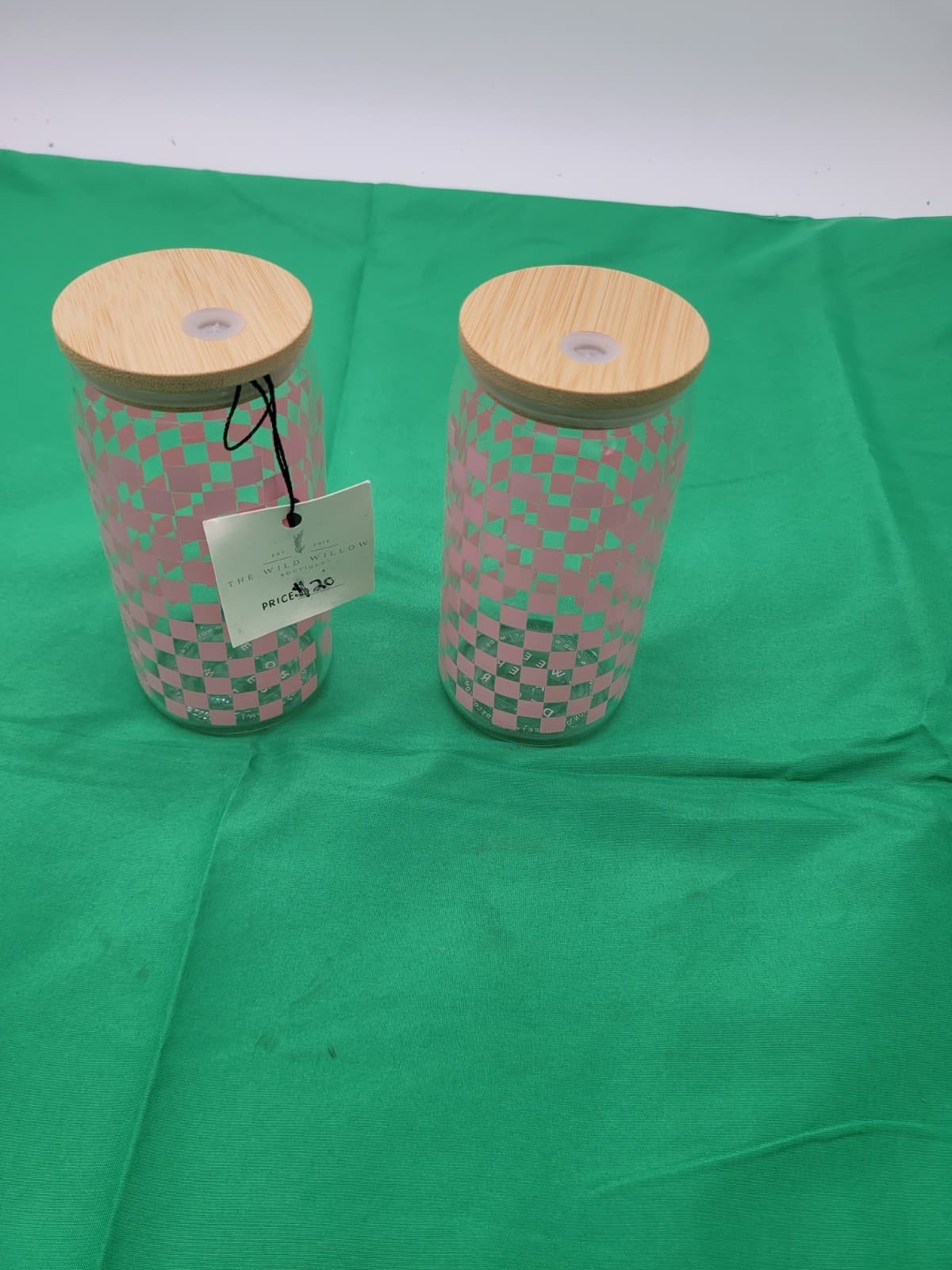 Pink Checkered Glass Tumbler Set w/ Bamboo Lids & Straw Hole Cups 2pc