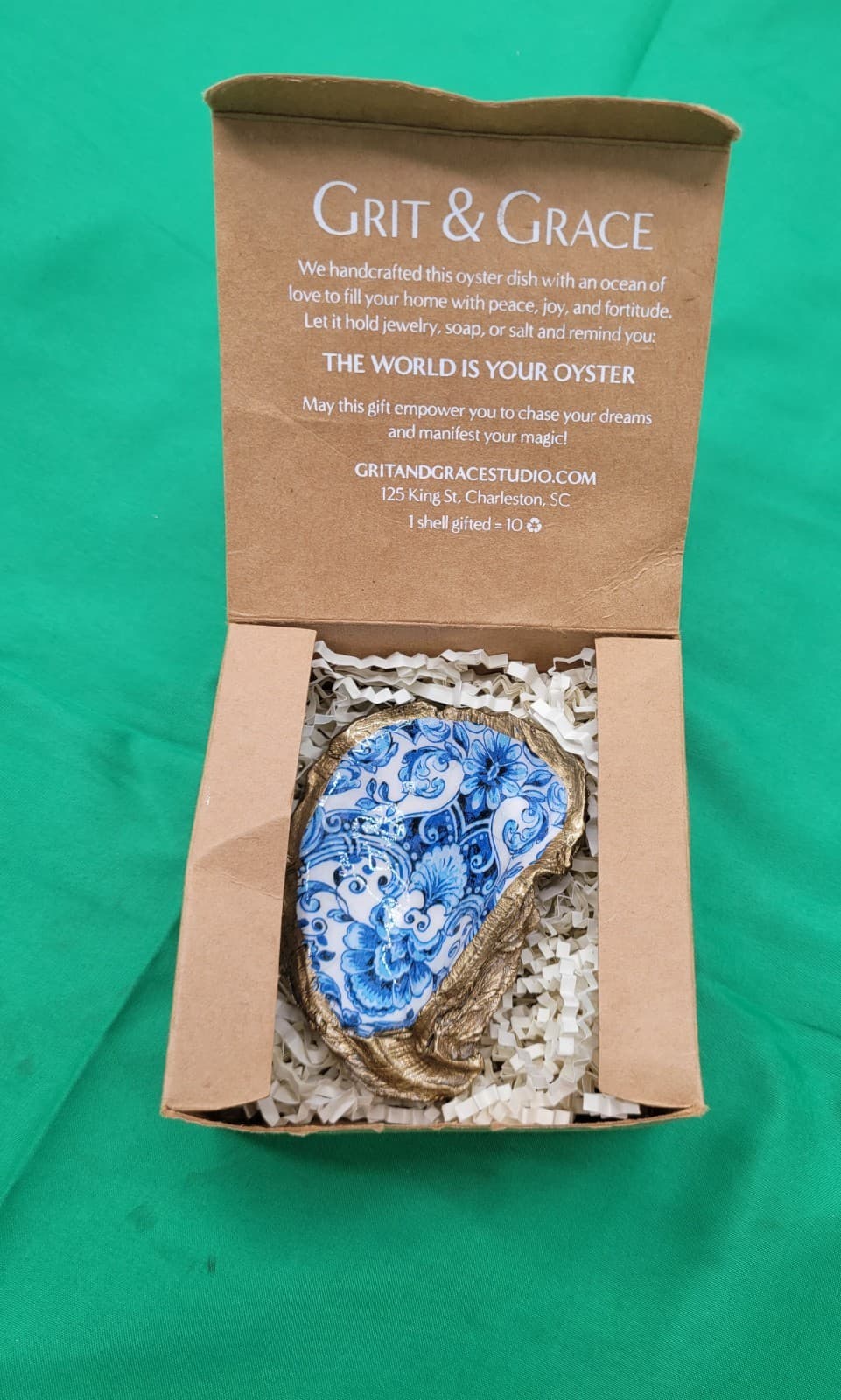 Grit & Grace Decorative Oyster Shell Trinket Dish Blue Floral Gold Trim Gift Box