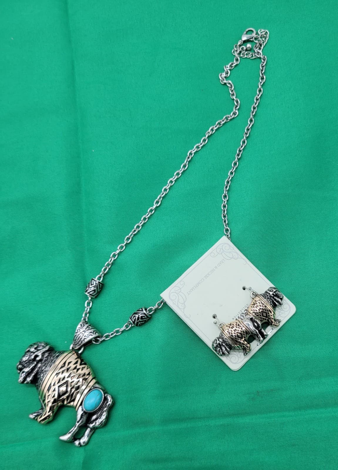 Western Style Bull Skull Necklace & Earring Set Turquoise Accent Silver Tone