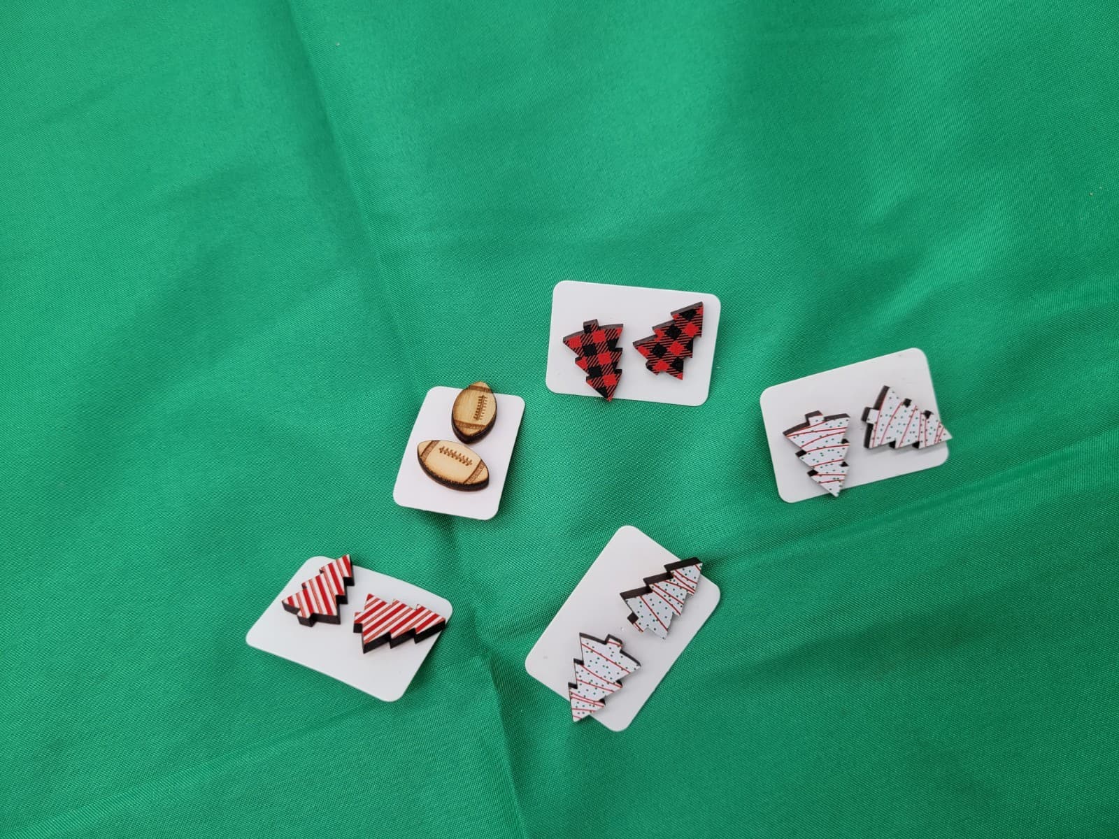 Handmade Wooden Stud Earrings Lot Christmas Tree Football Buffalo Plaid Holiday