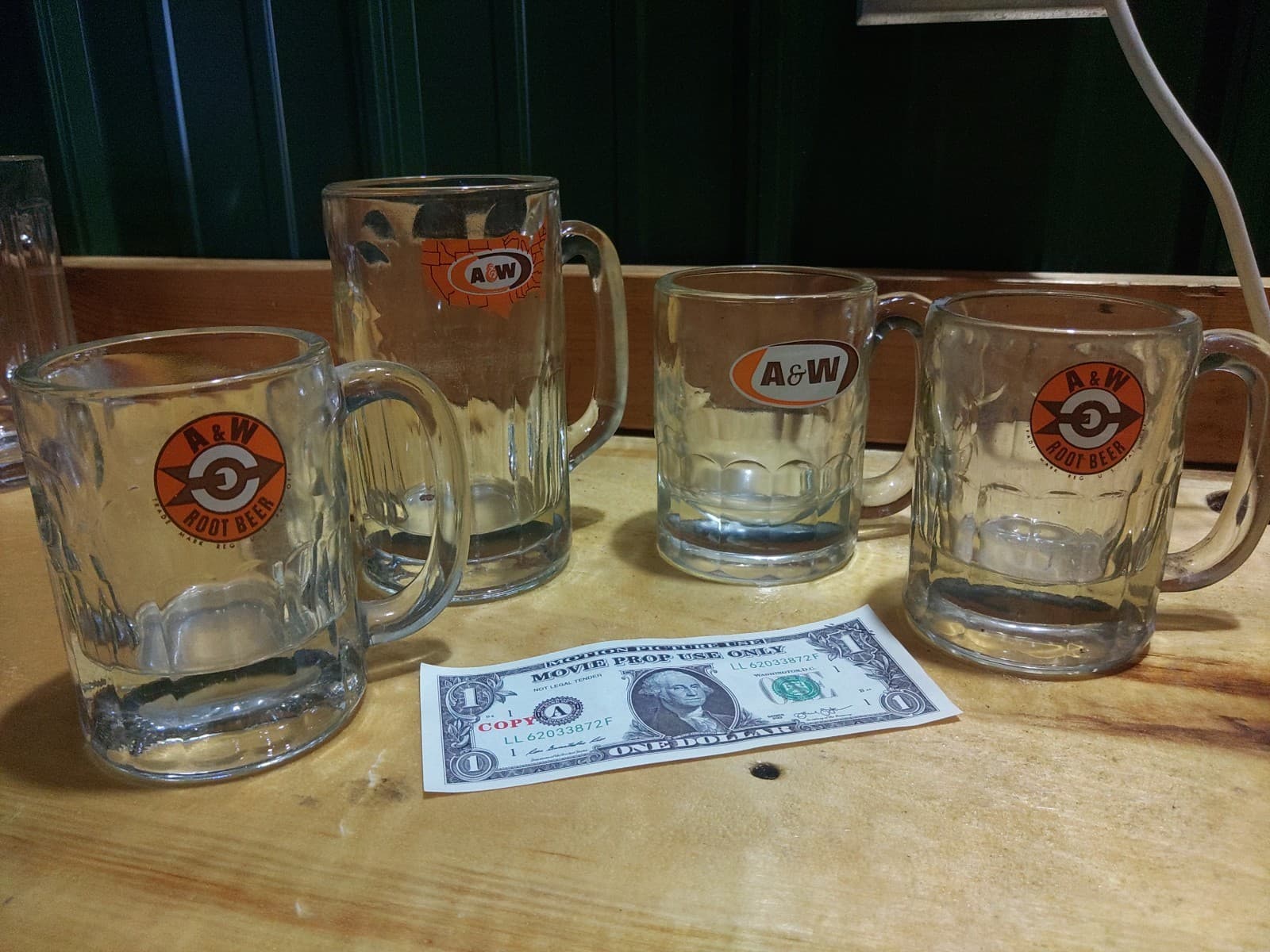 Set Of 4 Vintage A&W Root Beer Heavy Clear Glass Mugs Arrow Bullseye Logo 4.5"