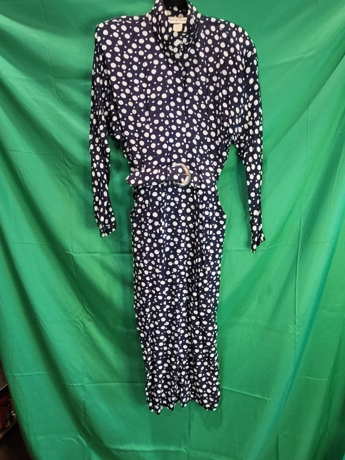 Vintage Casual Corner Navy & White Polka Dot Belted Dress – Women's Size 8