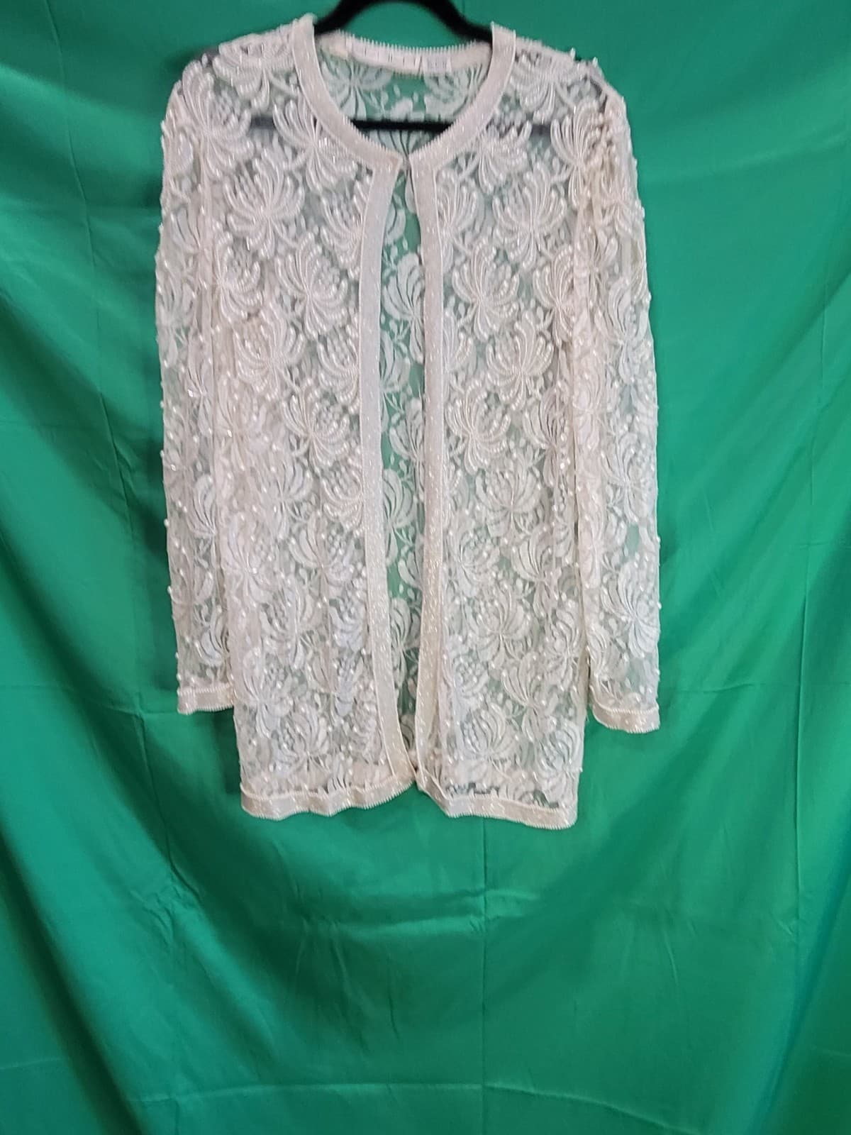 Scala Vintage Ivory Beaded Lace Evening Jacket / Open Front Cover-Up – Women's L
