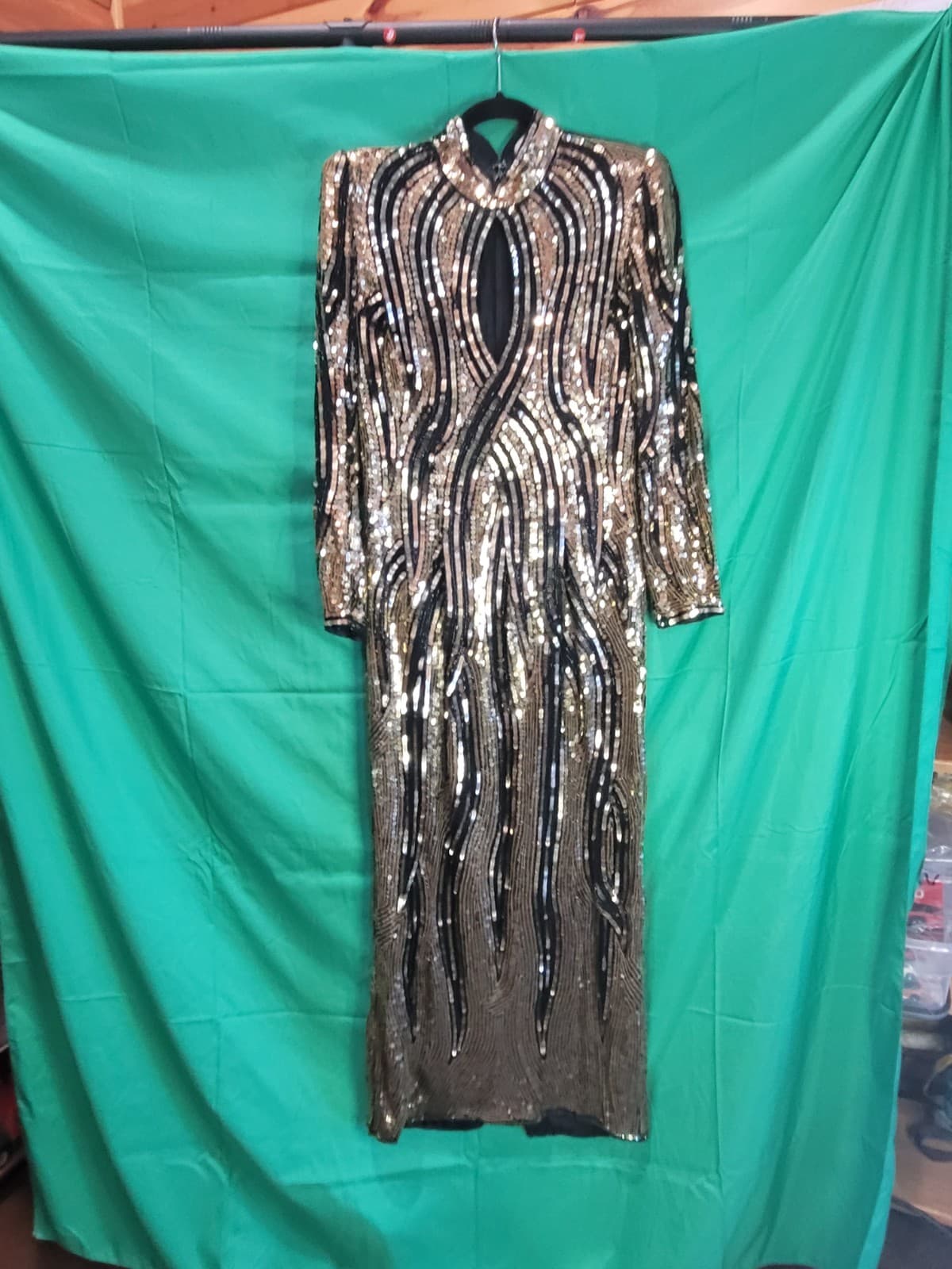 Judith Ann Creations Vintage Silk Gold & Black Beaded Evening Dres medium