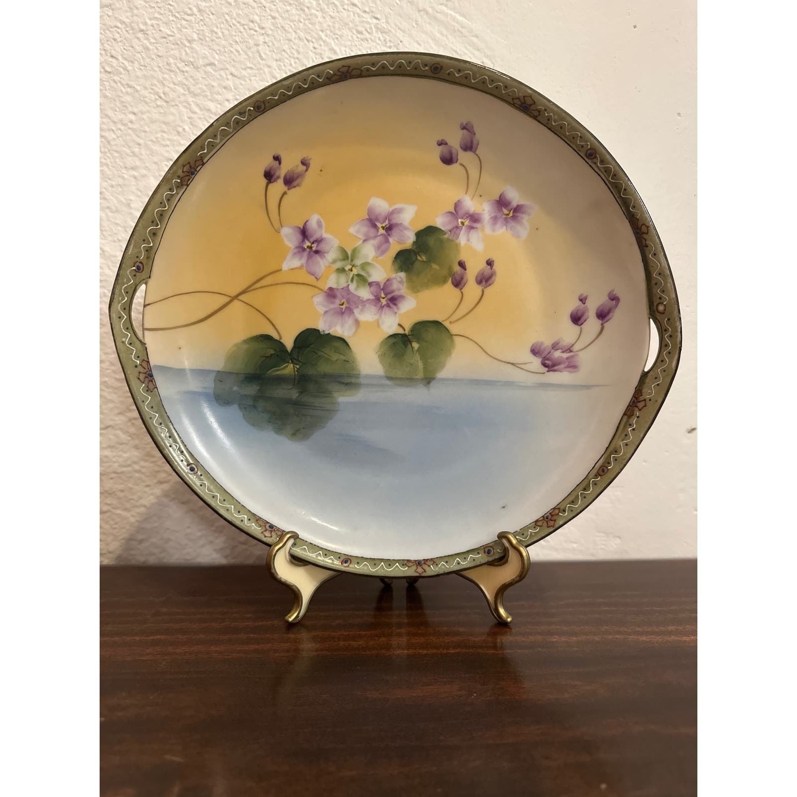 Antique Hand Painted Porcelain Cabinet Plate Violet Floral Gold Trim Handles