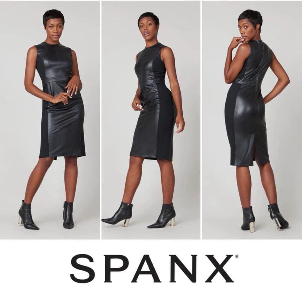 SPANX Women's Black Leather Like Sleeveless Mixed Media Sheath Dress NWT Size L