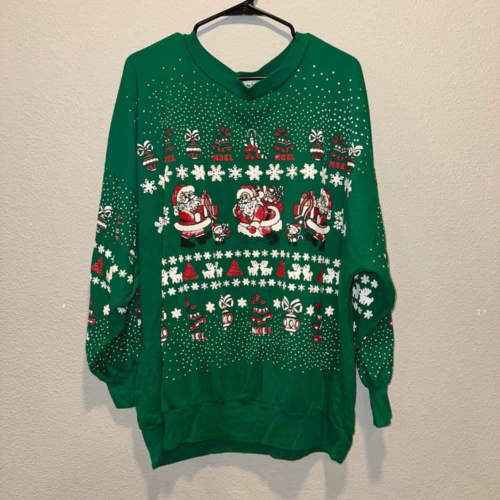 Nutcracker Christmas Sweater Green Santa Snowflakes Noel XL Vintage 44