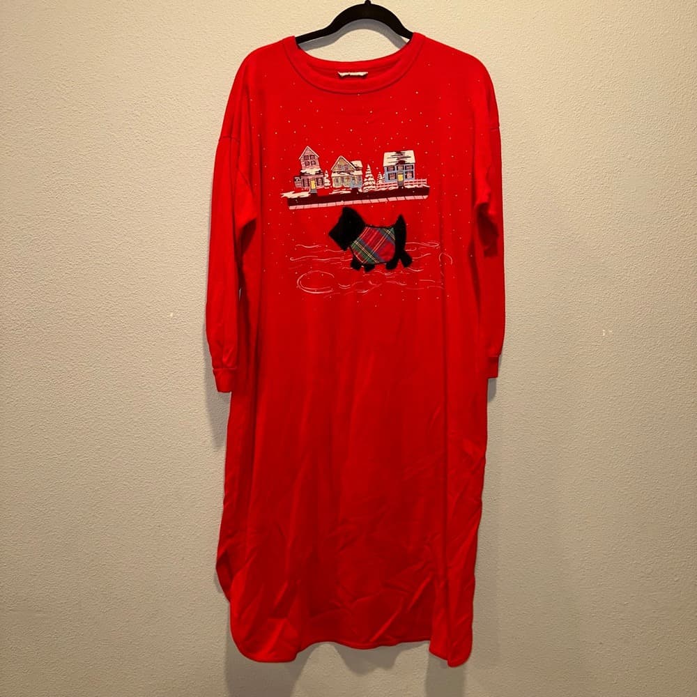 Red Long Sleeve Nightgown Cute Scottie Dog Winter Village Print Sleepshirt Women