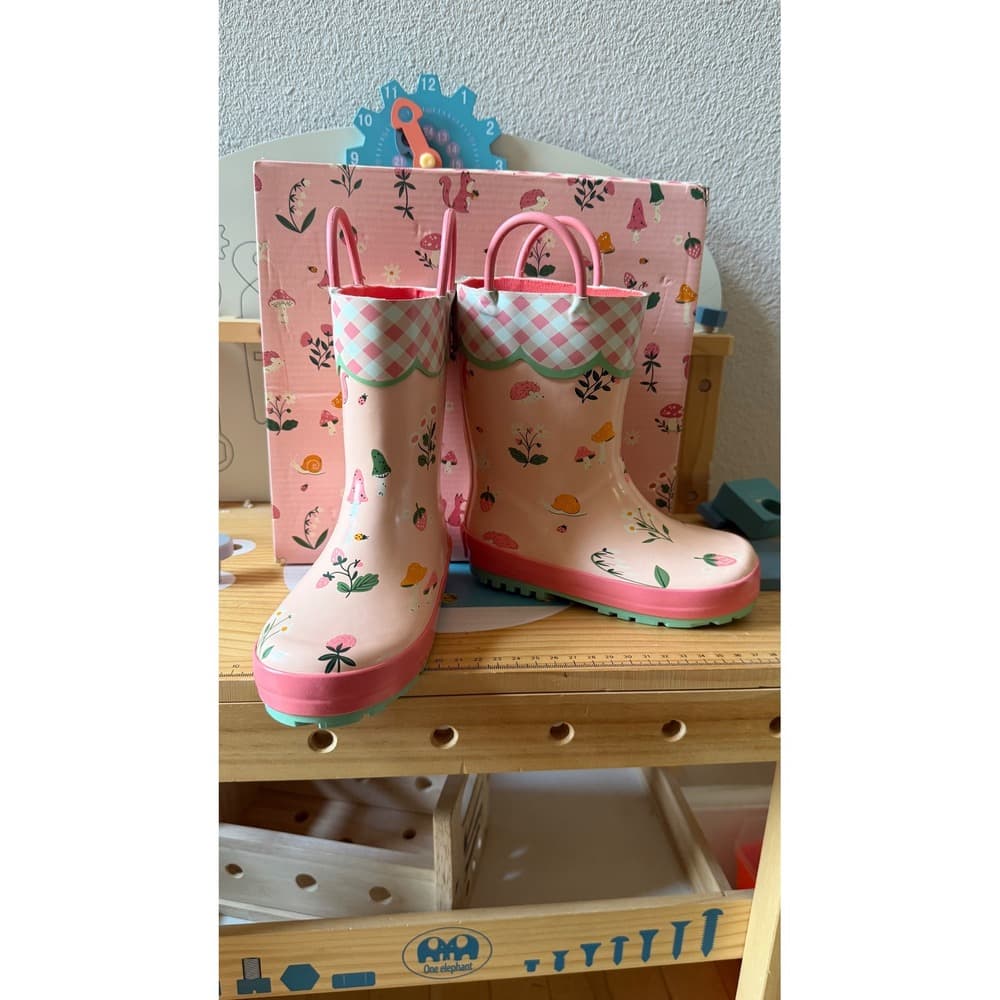Stephen Joseph Strawberry Fields Rain Boots Pink Mushroom Floral Girls Size 9 US
