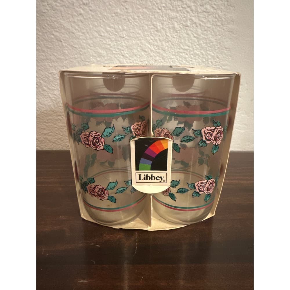 Vintage Libbey Pink Rose Floral Glass Tumbler Set 4 Piece 13oz Retro Drinkware