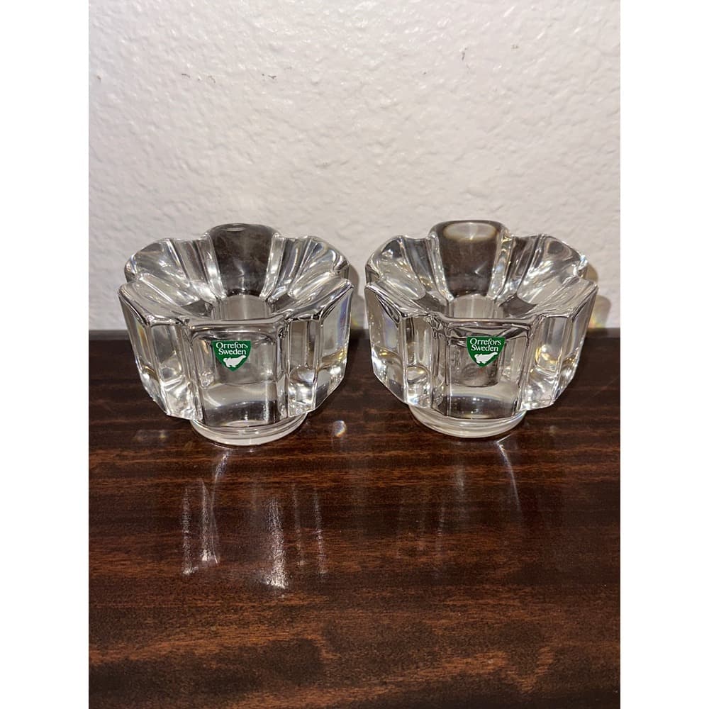 Orrefors Sweden Stella Crystal Votive Taper Candle Holders Set of 2