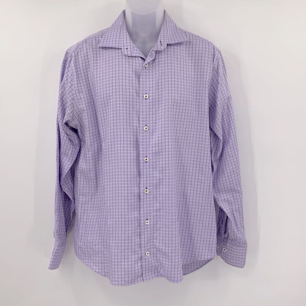 Lorenzo Uomo Mens Purple Plaid Button Up shirt 16 1/2 Trim Fit 34/35