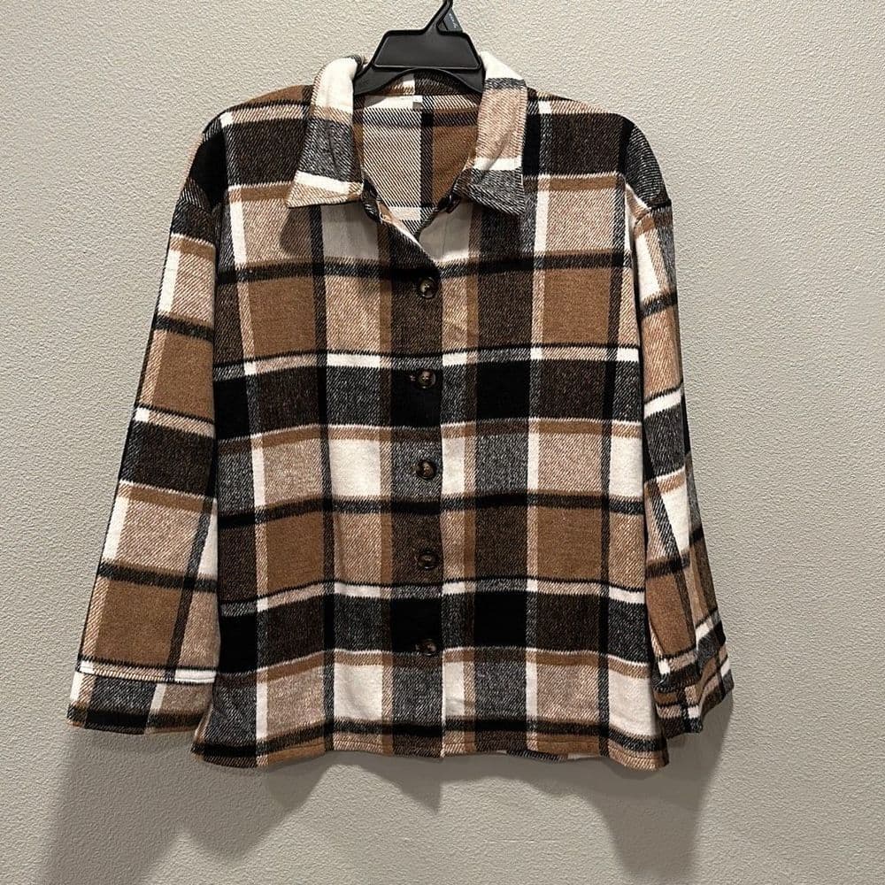Brown Plaid Flannel Button Up Shacket Sz L
