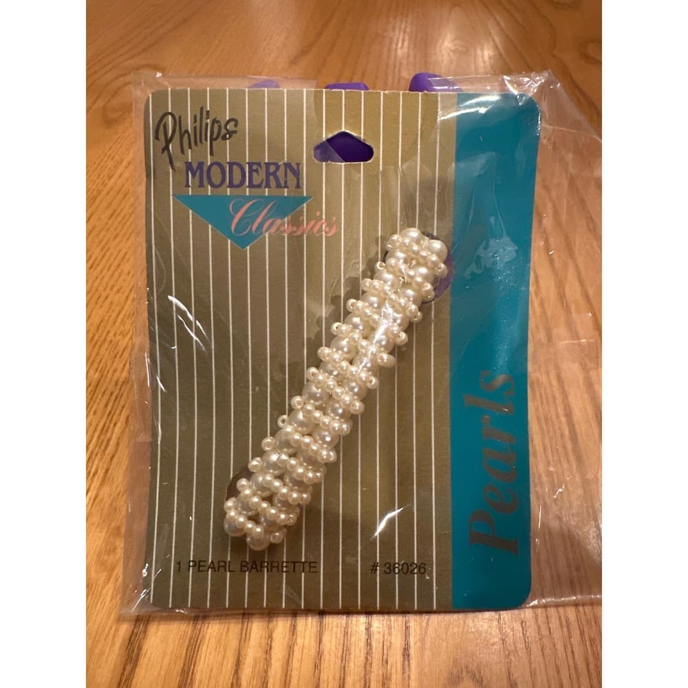 Vintage Philips Modern Classics Faux Pearl Barrette Hair Clip Cream Beads 36026