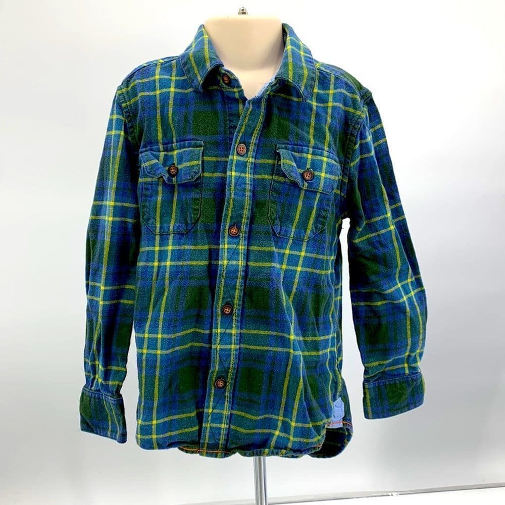 Mini Boden Blue Plaid Button Up Flannel Shirt Sz 5-6Y