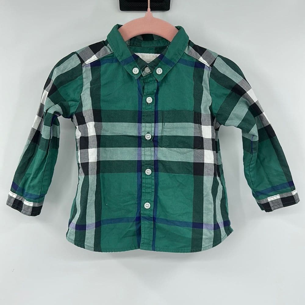 Burberry Children Green Plaid Button Up Sz 9m