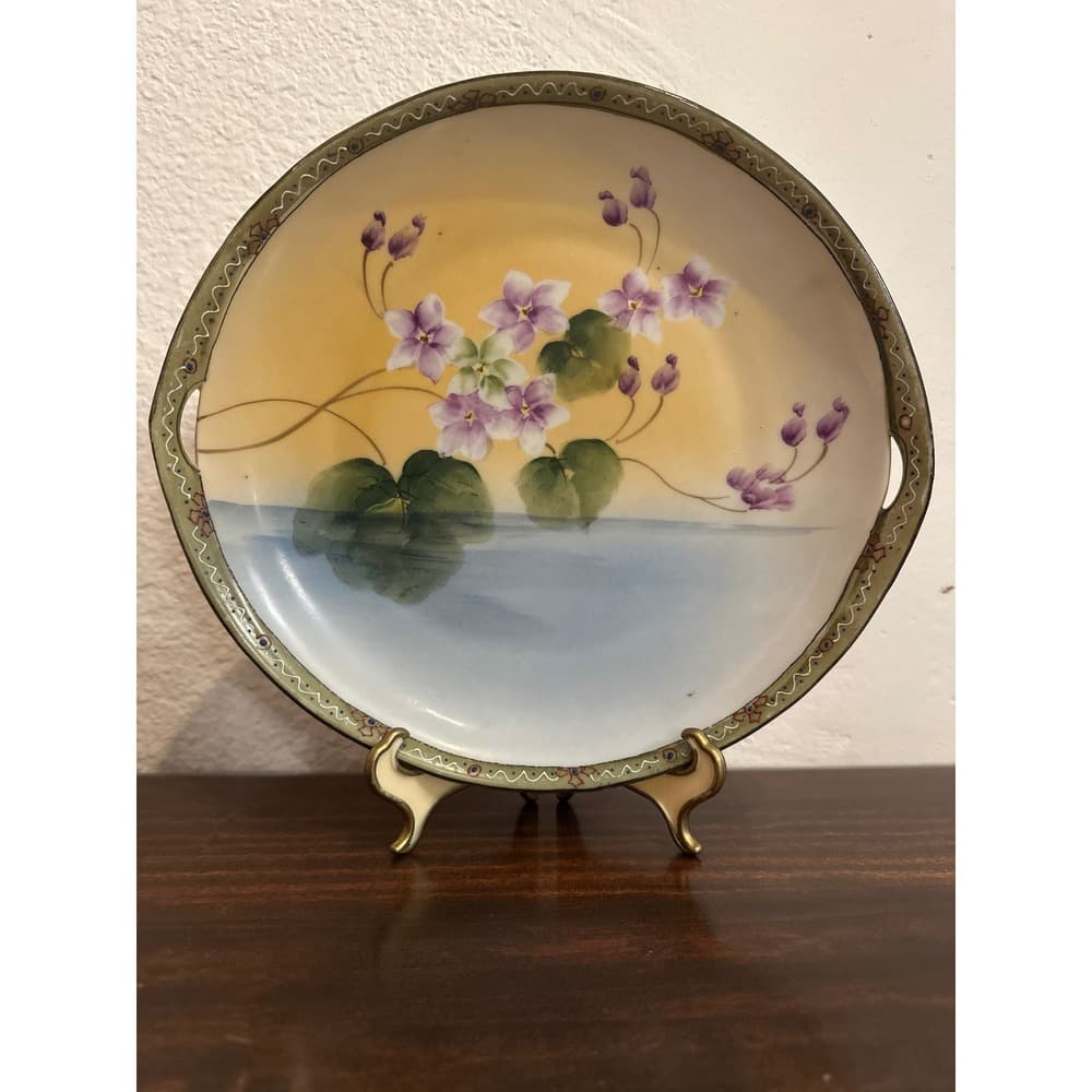 Antique Hand Painted Porcelain Cabinet Plate Violet Floral Gold Trim Handles