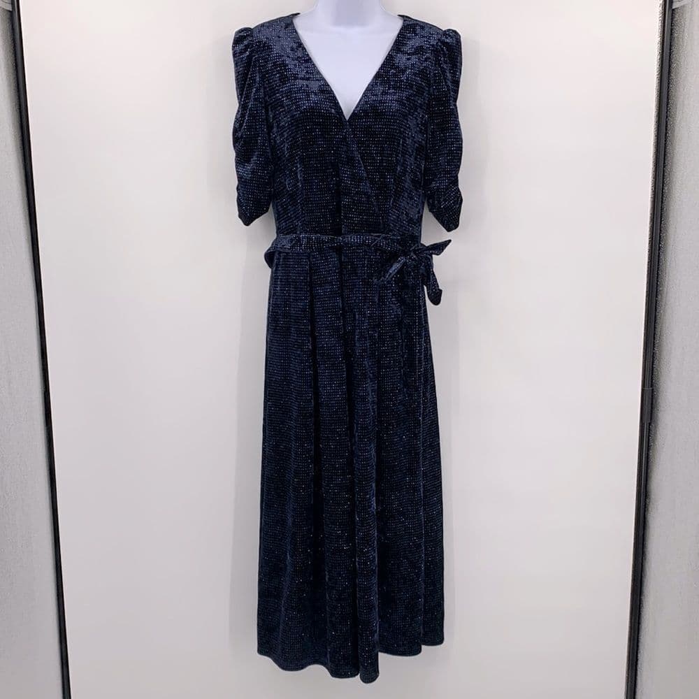 Chelsea 28 Navy Sparkle Velvet Wide Leg Jumpsuit Sz 6