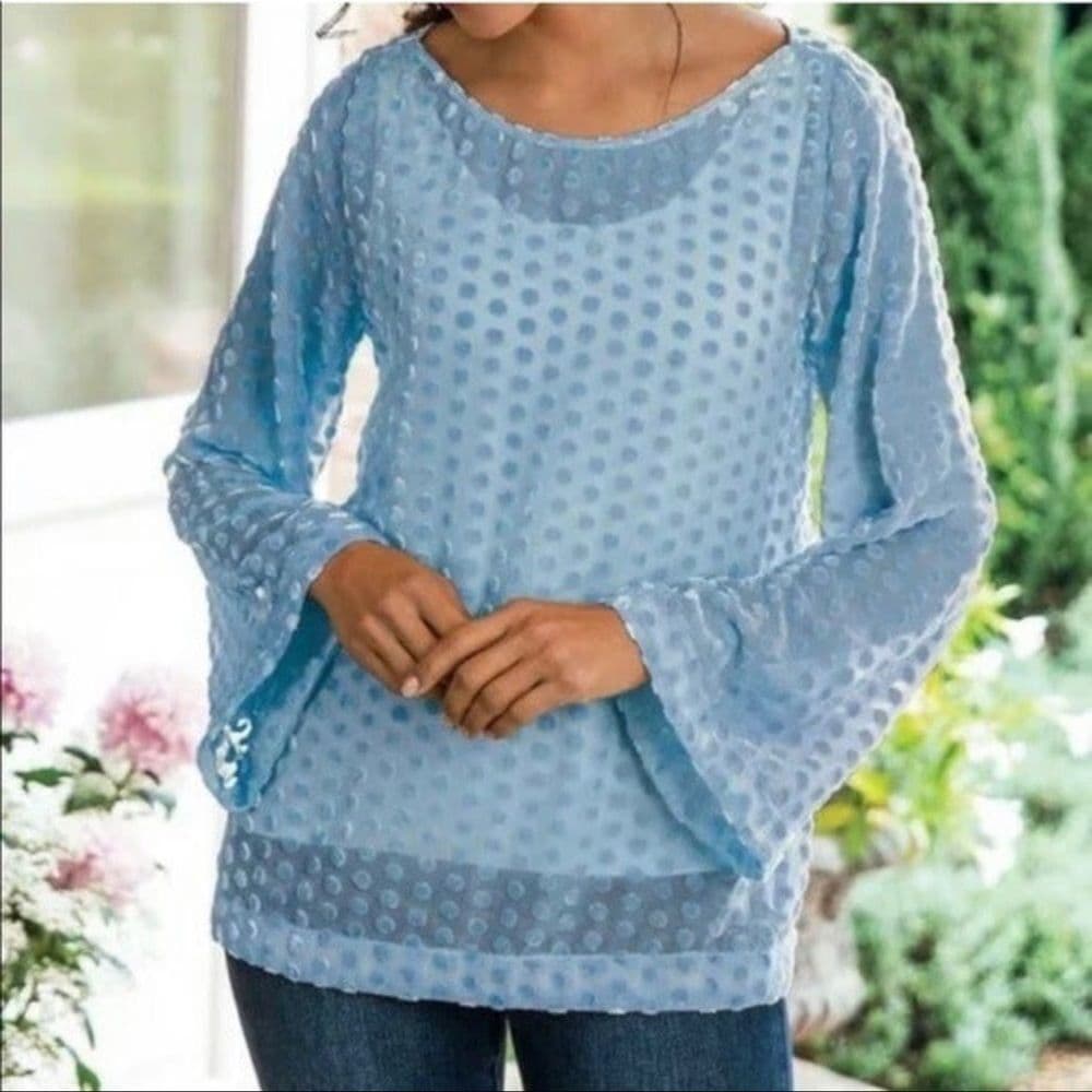 Soft Surroundings Dulce Velvet Dot Blue Blouse Sz S