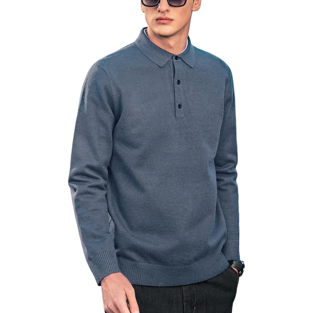Men’s Polo Sweater Blue Casual Button Collar Knit Pullover Soft Size XXL