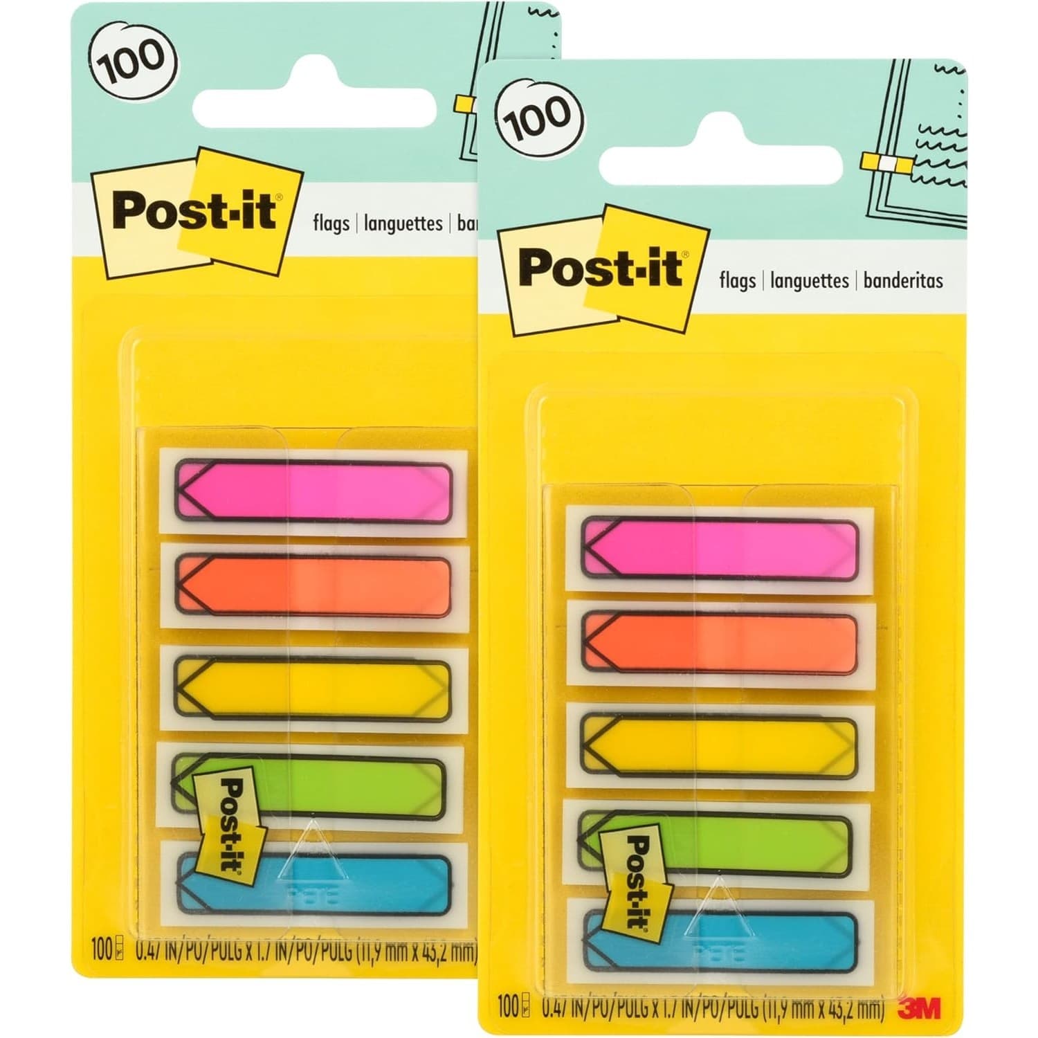 3M Post-it Flags 684-ARR2 200 Count Bright Colors Sticky Tabs Pack of 2