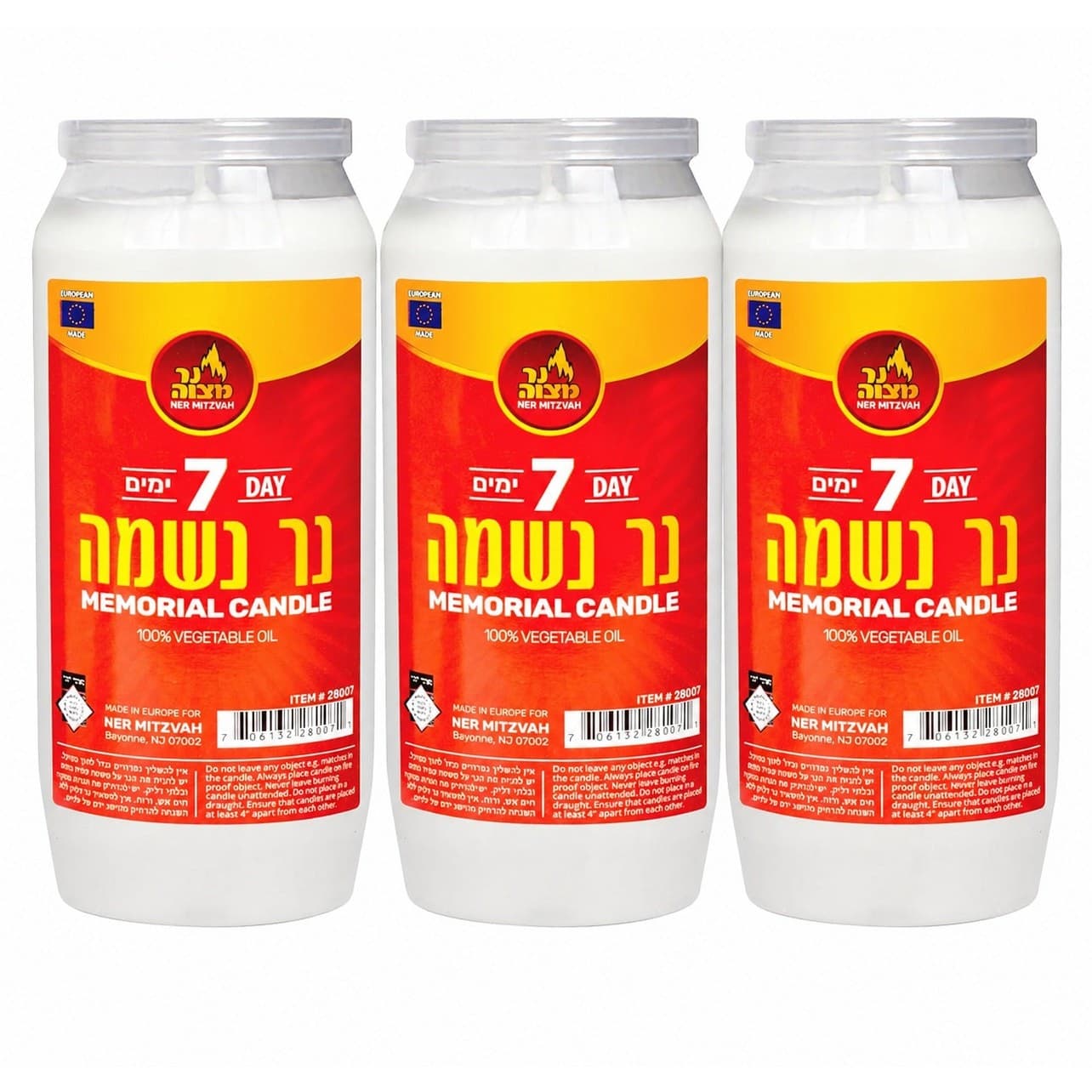 3 Pack Ner Mitzvah 7 Day Memorial Candle Unscented Yahrzeit Kosher Oil Candles