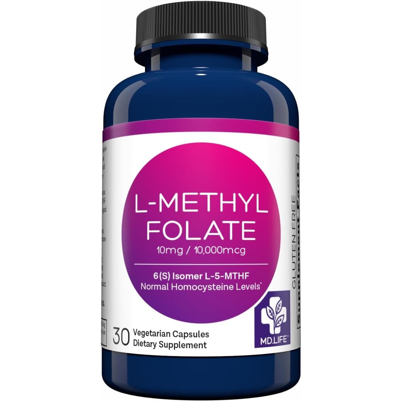 MD Life L-Methyl Folate 10mg 30 Capsules L-5-MTHF Active Folate Non-GMO Gluten