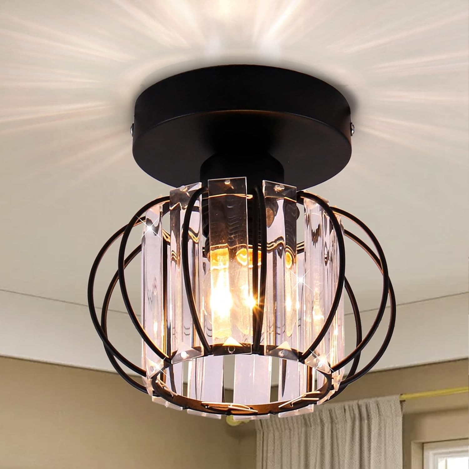 Black Modern Crystal Semi Flush Mount Ceiling Light E26 Hallway Fixture Decor