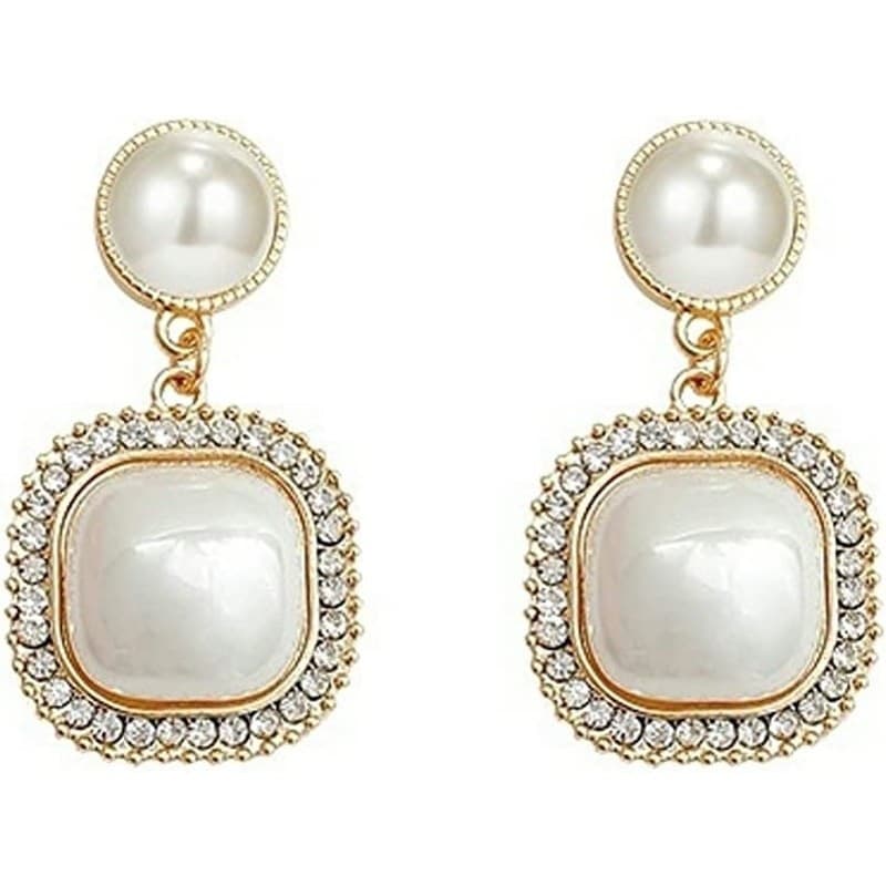 Gold Pearl Clip On Earrings Square Drop Dangle Bridal Wedding Jewelry