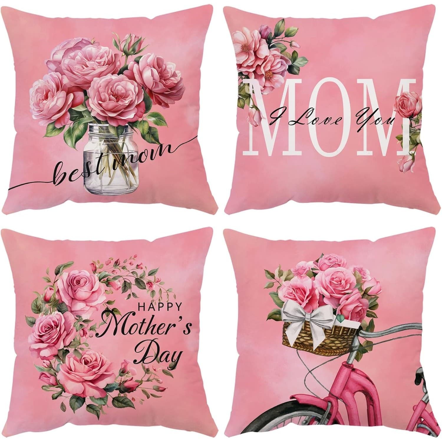 Set of 4 Mother’s Day Pillow Covers 20x20 Pink Floral Mom Rose Cushion Decor