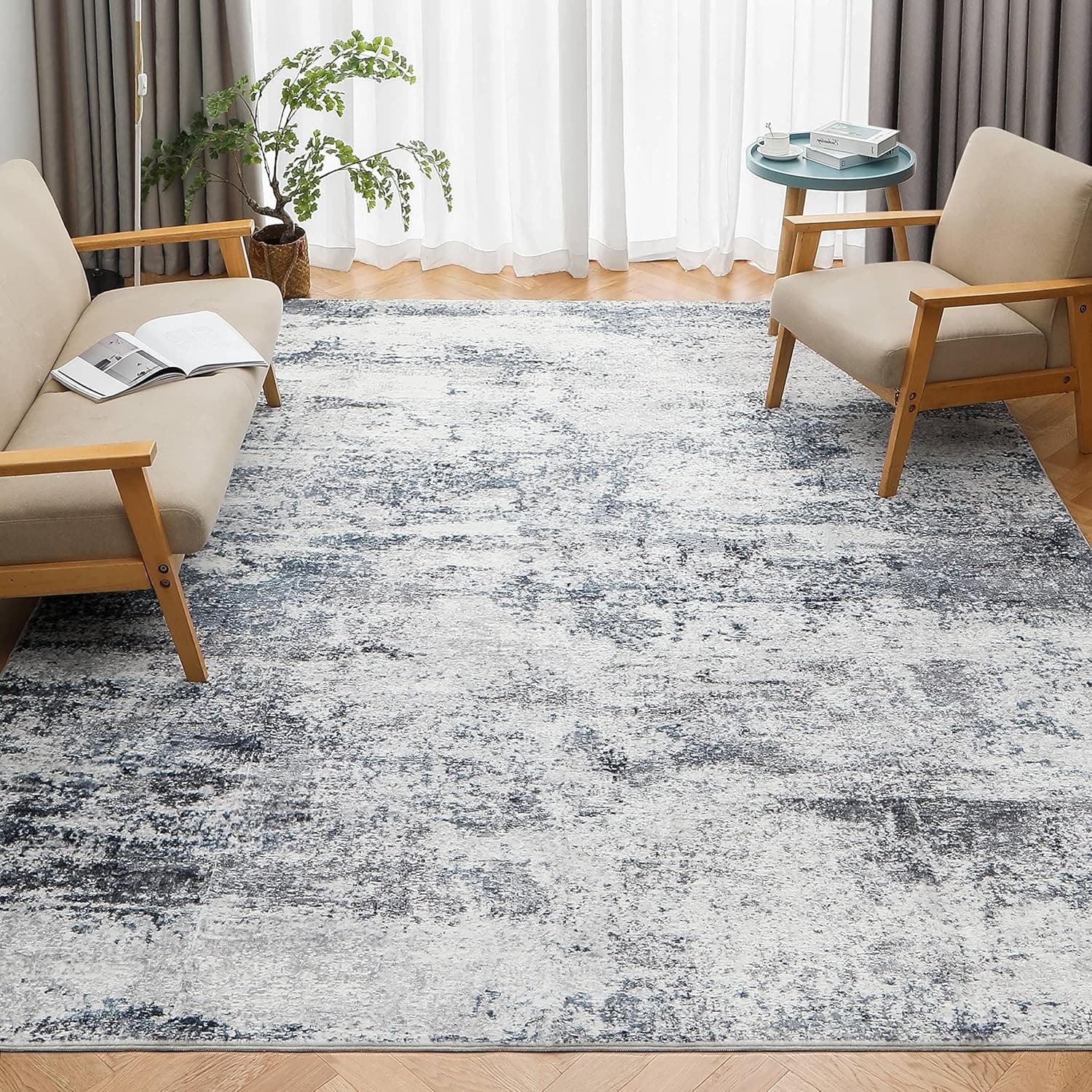 Abstract Area Rug Gray Blue 36x60 Inches Soft Washable Indoor Carpet 3x5