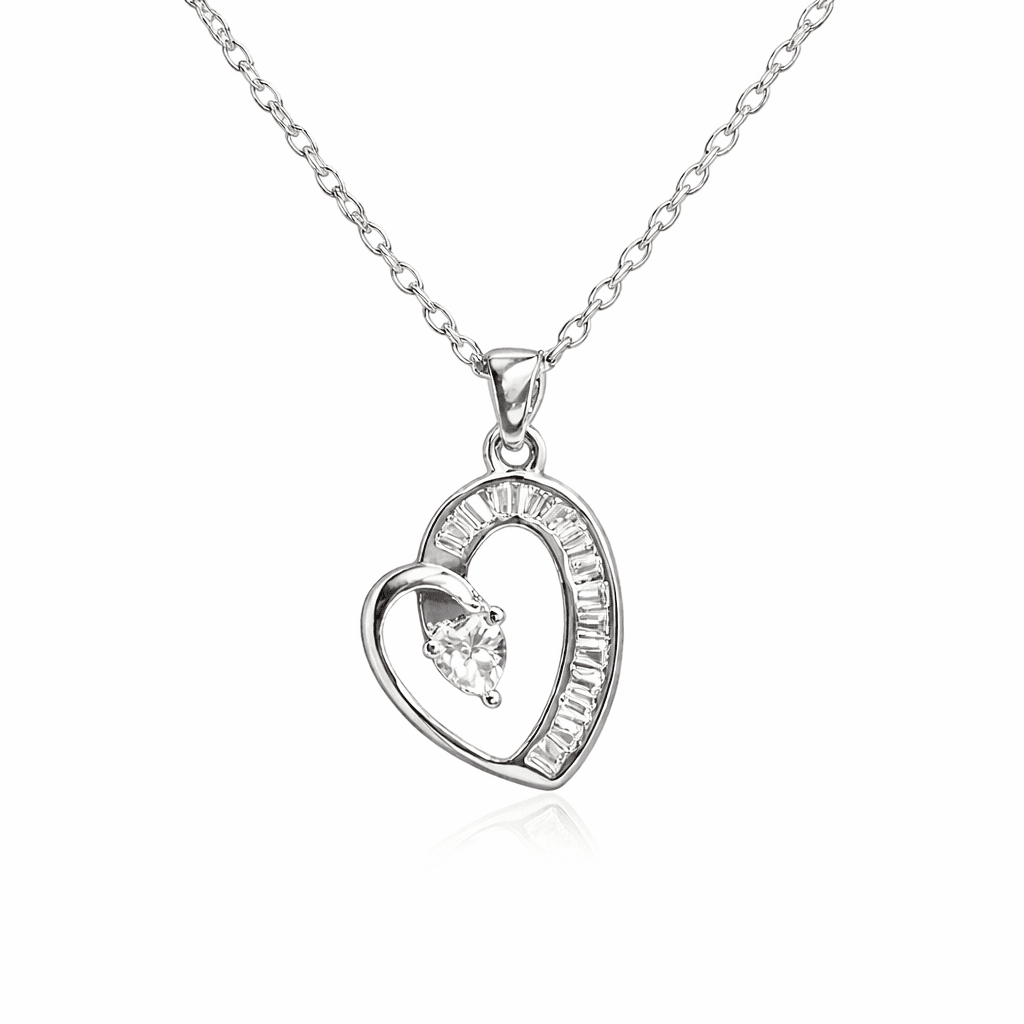 Heart Pendant Necklace CZ Baguette 18K Plated Silver Adjustable 15"+2" Gift