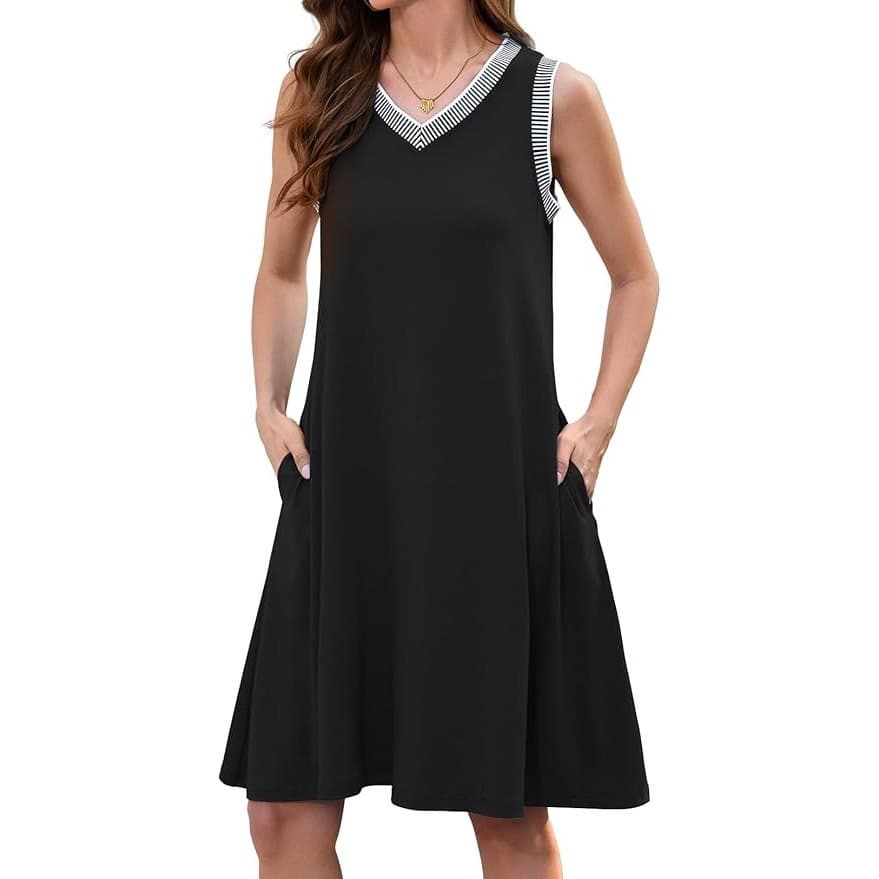 Womens Summer Casual Dress Sleeveless V Neck Black Pockets Beach Size S