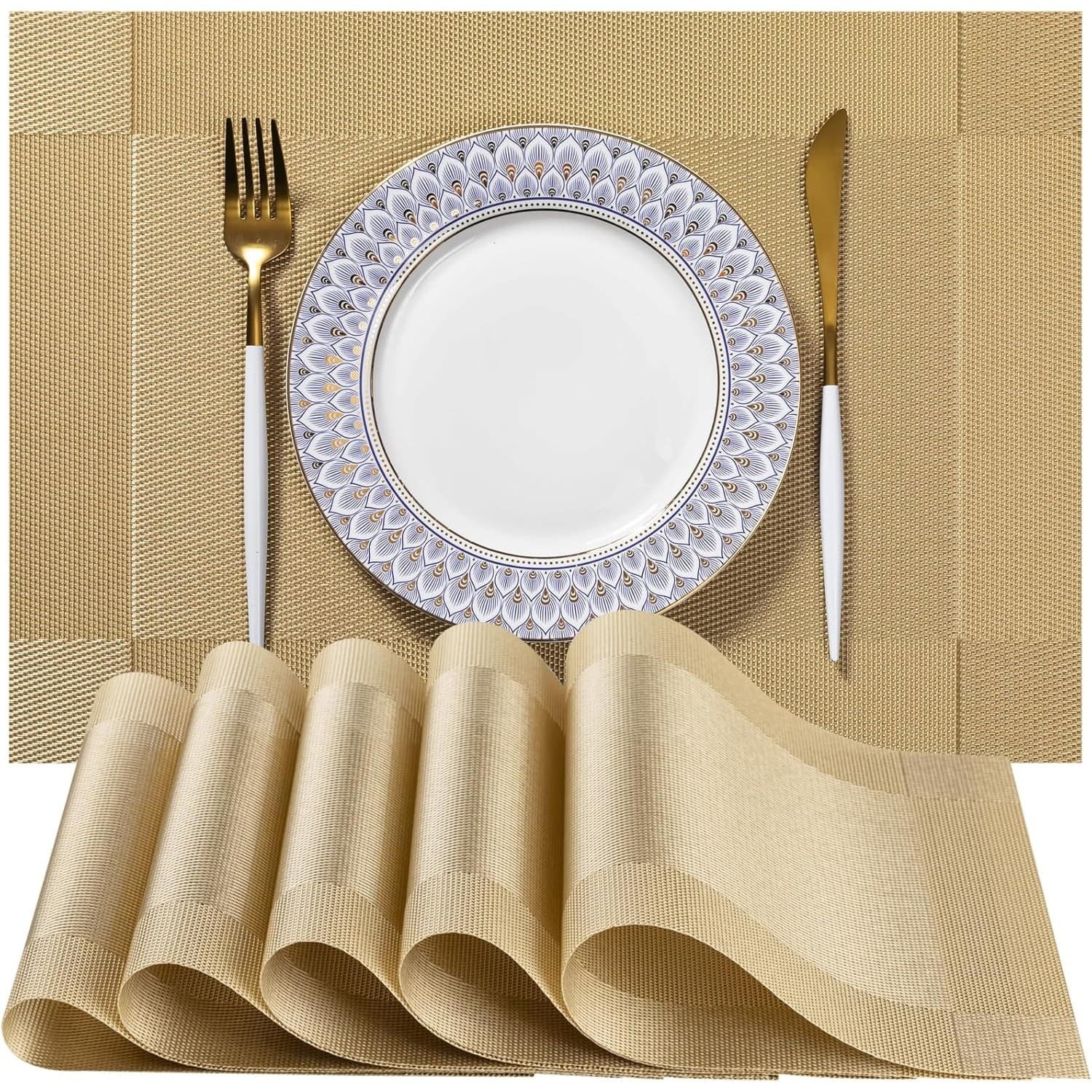 Set of 6 Gold Woven PVC Placemats 12x17 Washable Heat Resistant Table Mats