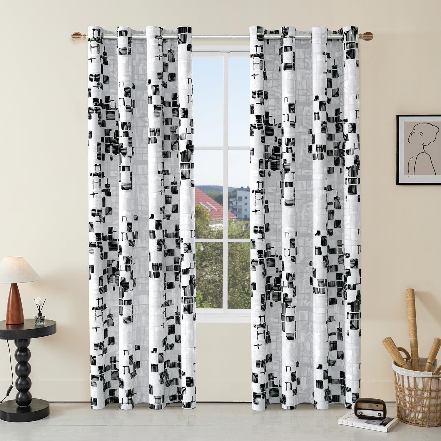 Geometric Blackout Curtains 52x84 Set of 2 Panels Room Darkening Black