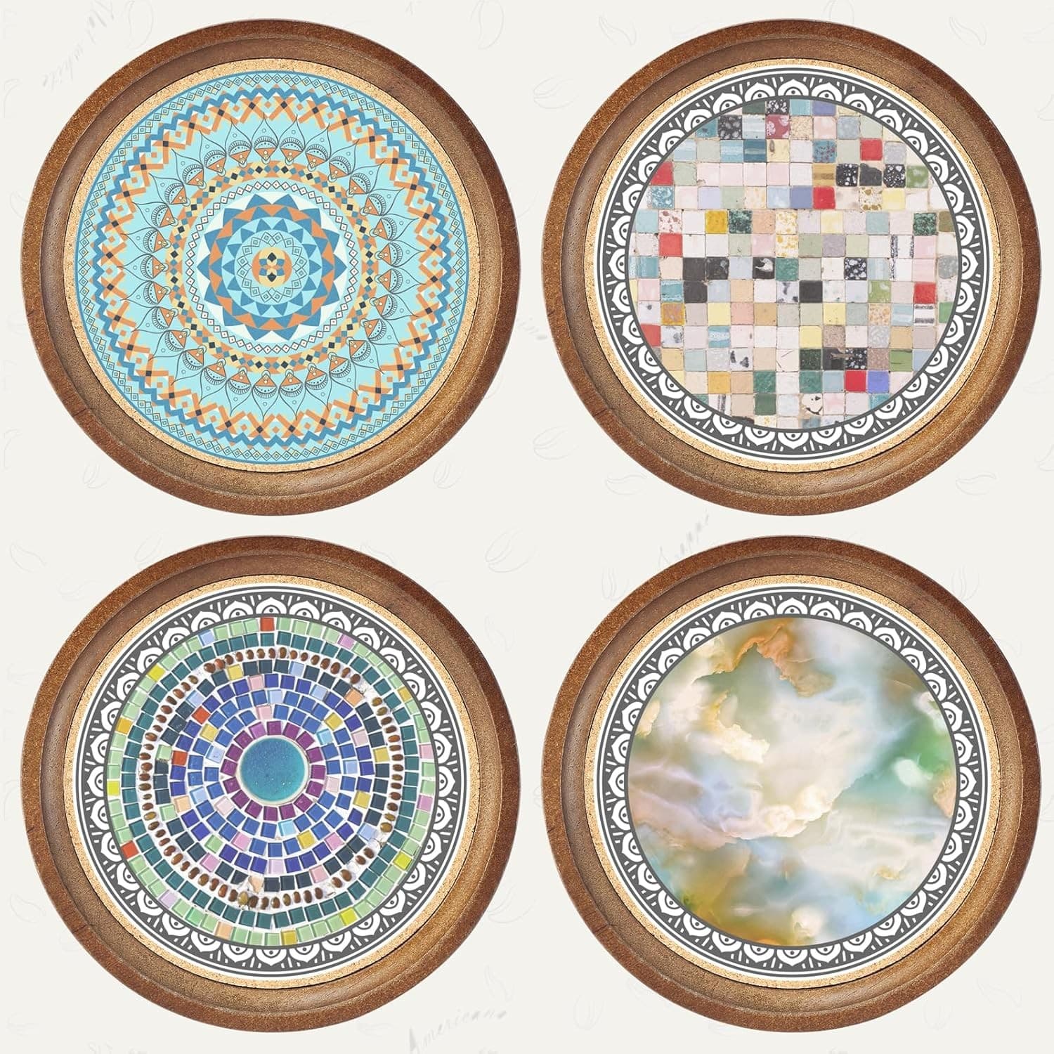 Wooden Drink Coasters Set 4 Mandala Absorbent Cork Base 4.7" Coffee Table